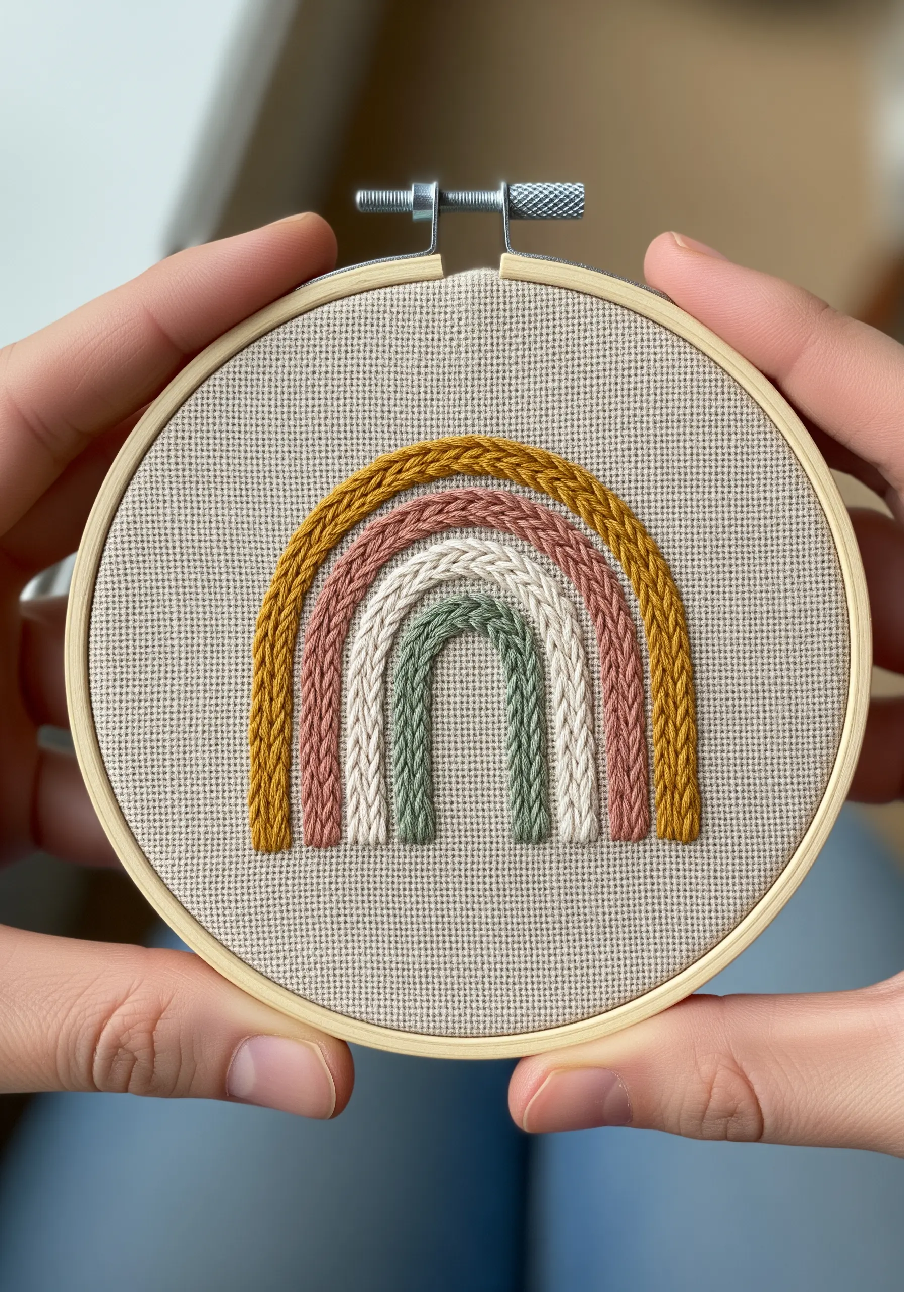 A rainbow embroidered with thick chain stitches in muted, earthy tones.