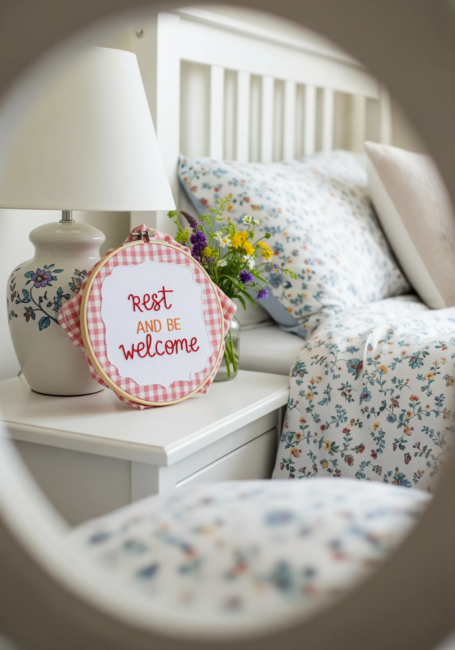 A friendly quote stitched in red on pink and white gingham fabric.