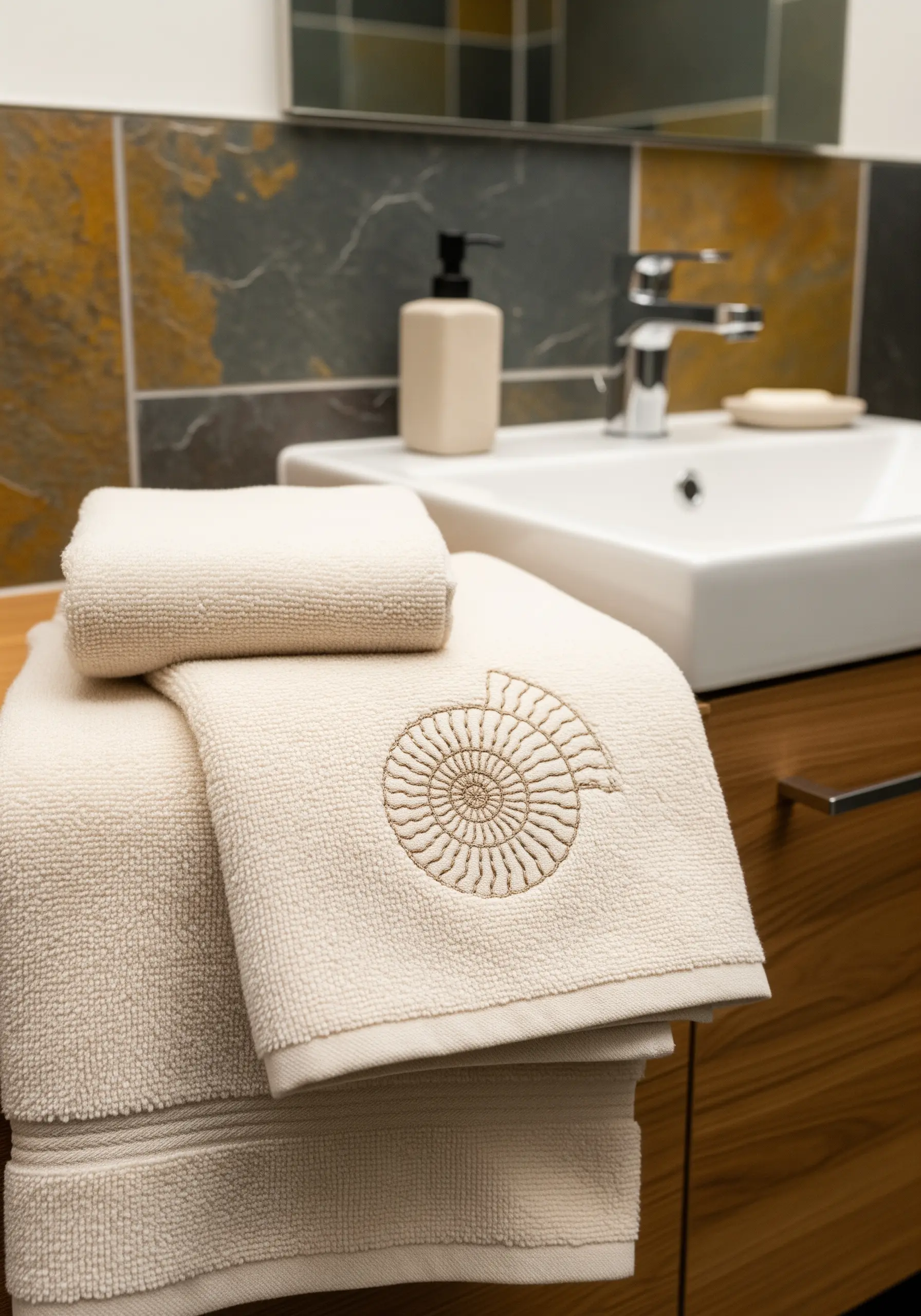 An embroidered ammonite fossil motif on a thick beige bath towel.