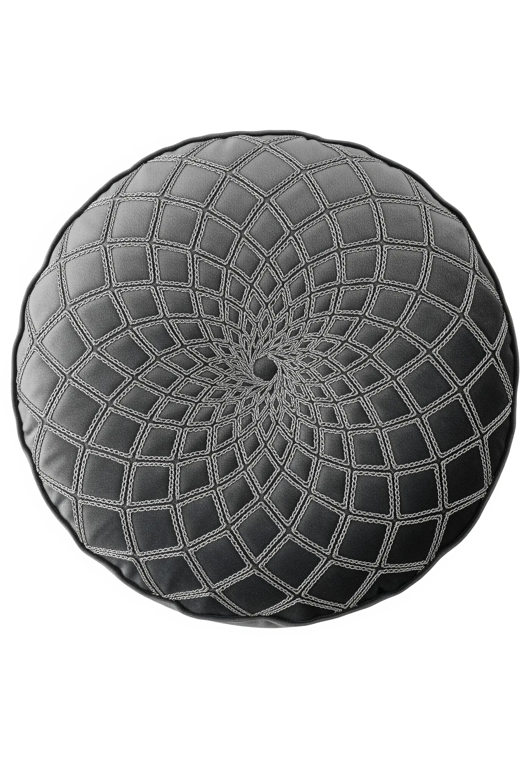 A round, tufted grey cushion with white chain stitch tracing the geometric grid