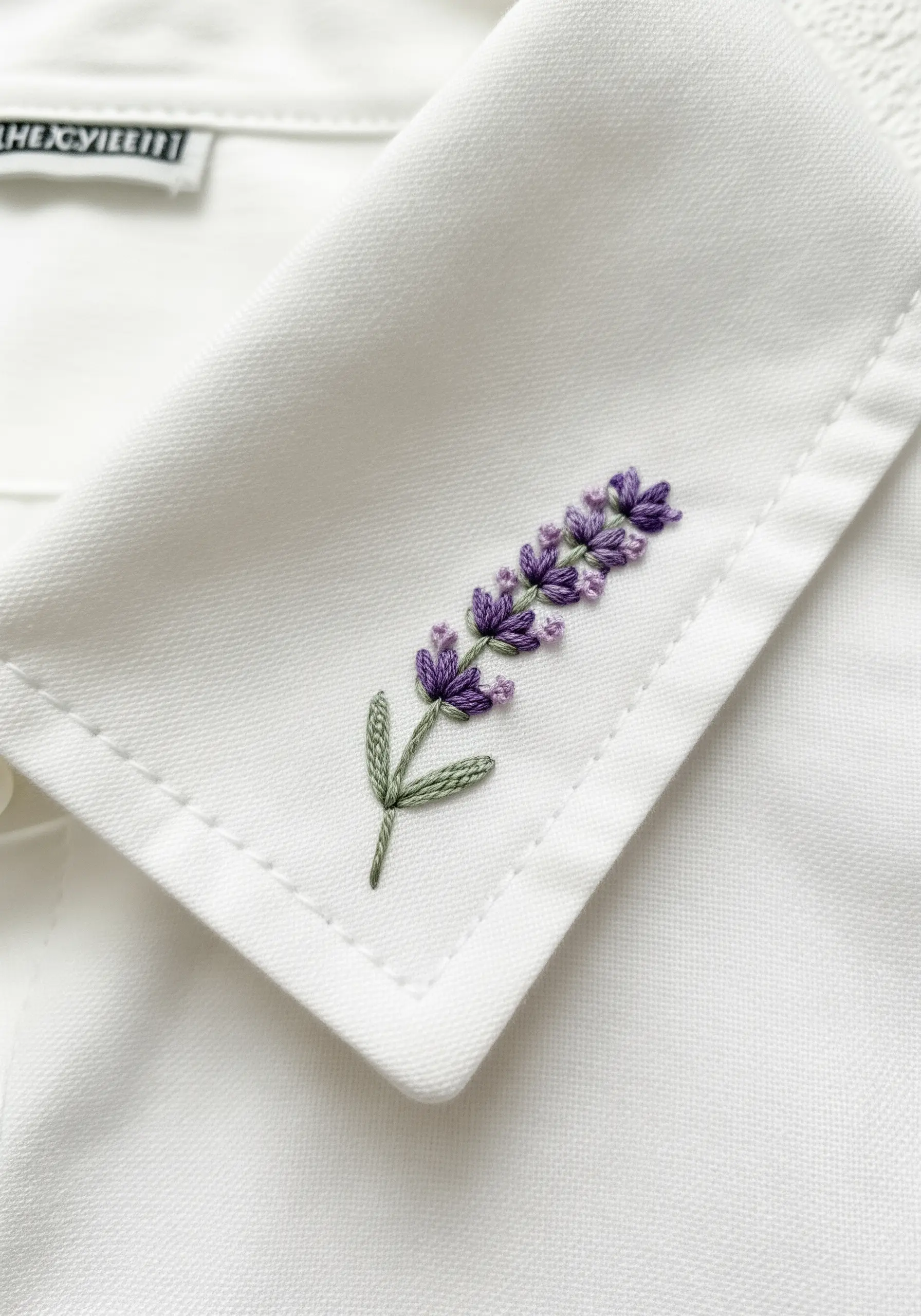 A single sprig of lavender embroidered on the point of a white shirt collar.
