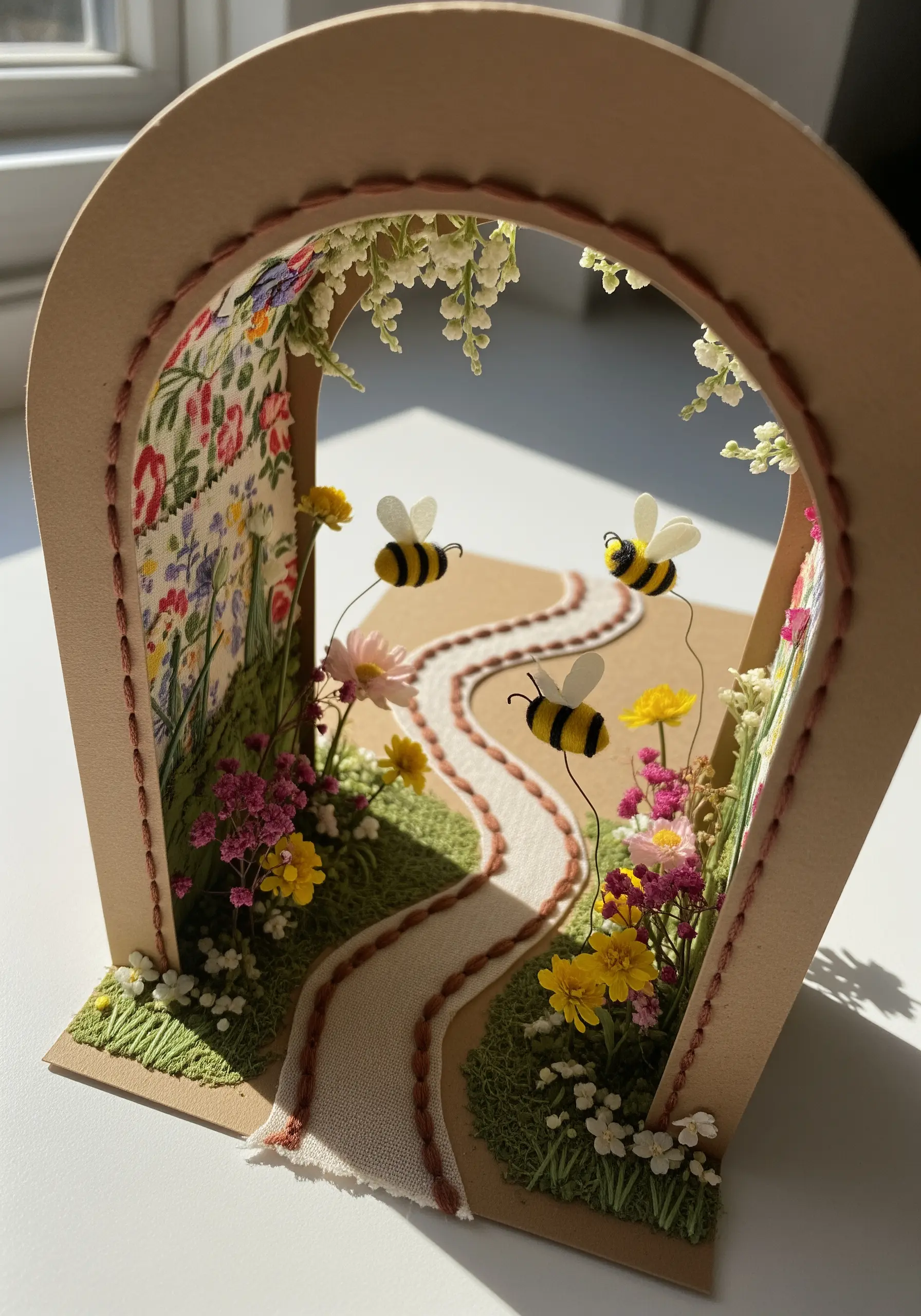 A 3D paper diorama of a garden path with tiny bees, featuring embroidered path borders.