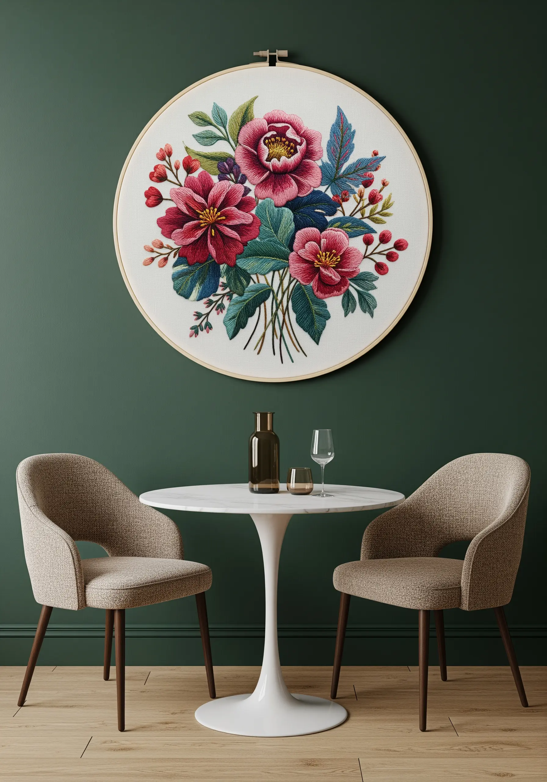 Large embroidery hoop with a lush bouquet of pink and red flowers against a dark green wall.