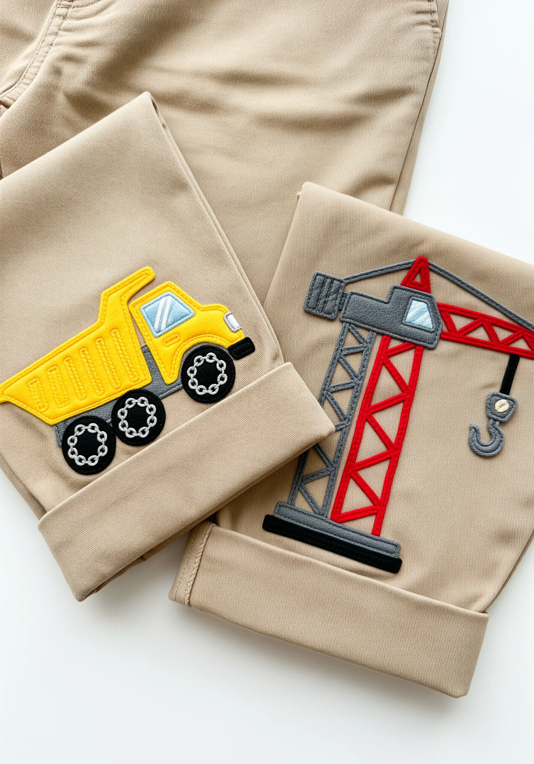 Embroidered construction vehicles, a dump truck and a crane, on the rolled-up cuffs of khaki pants