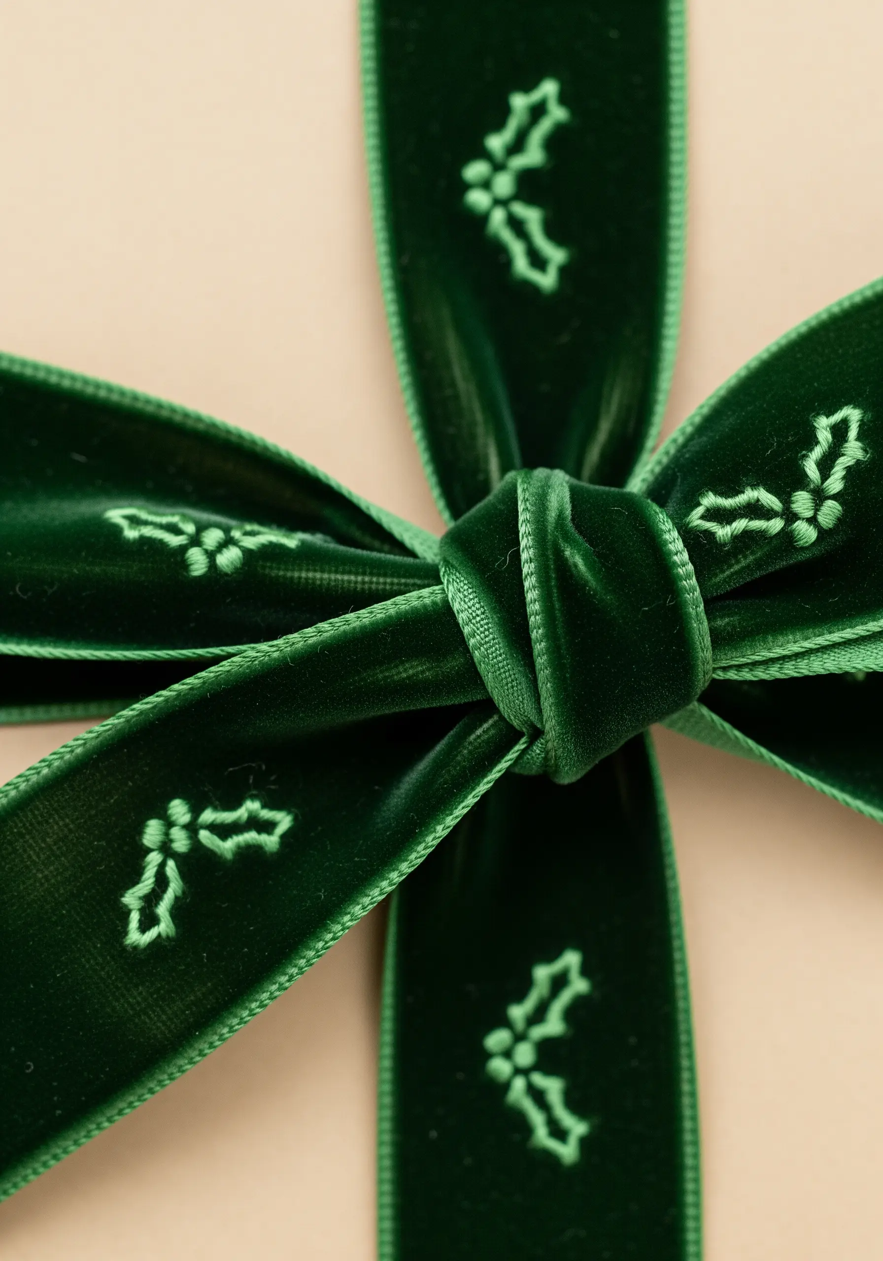 Delicate holly outlines embroidered in light green on a dark green velvet ribbon.
