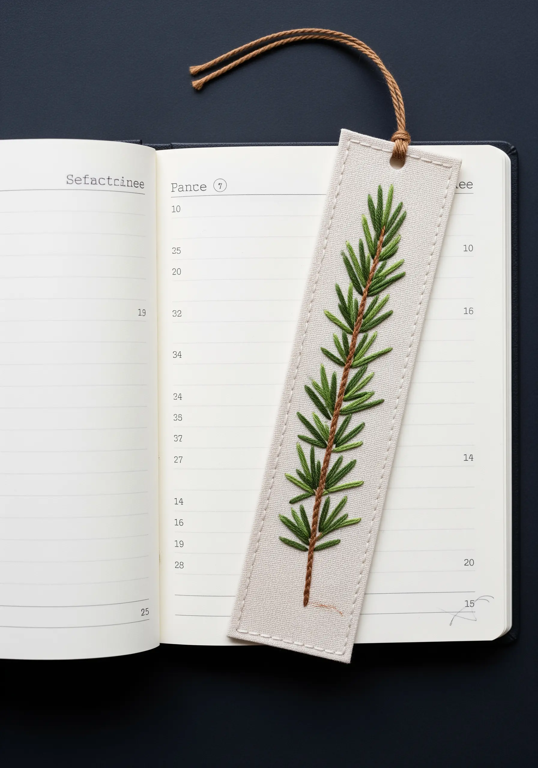 A sprig of rosemary embroidered on a linen bookmark with dark green needles and a brown stem.