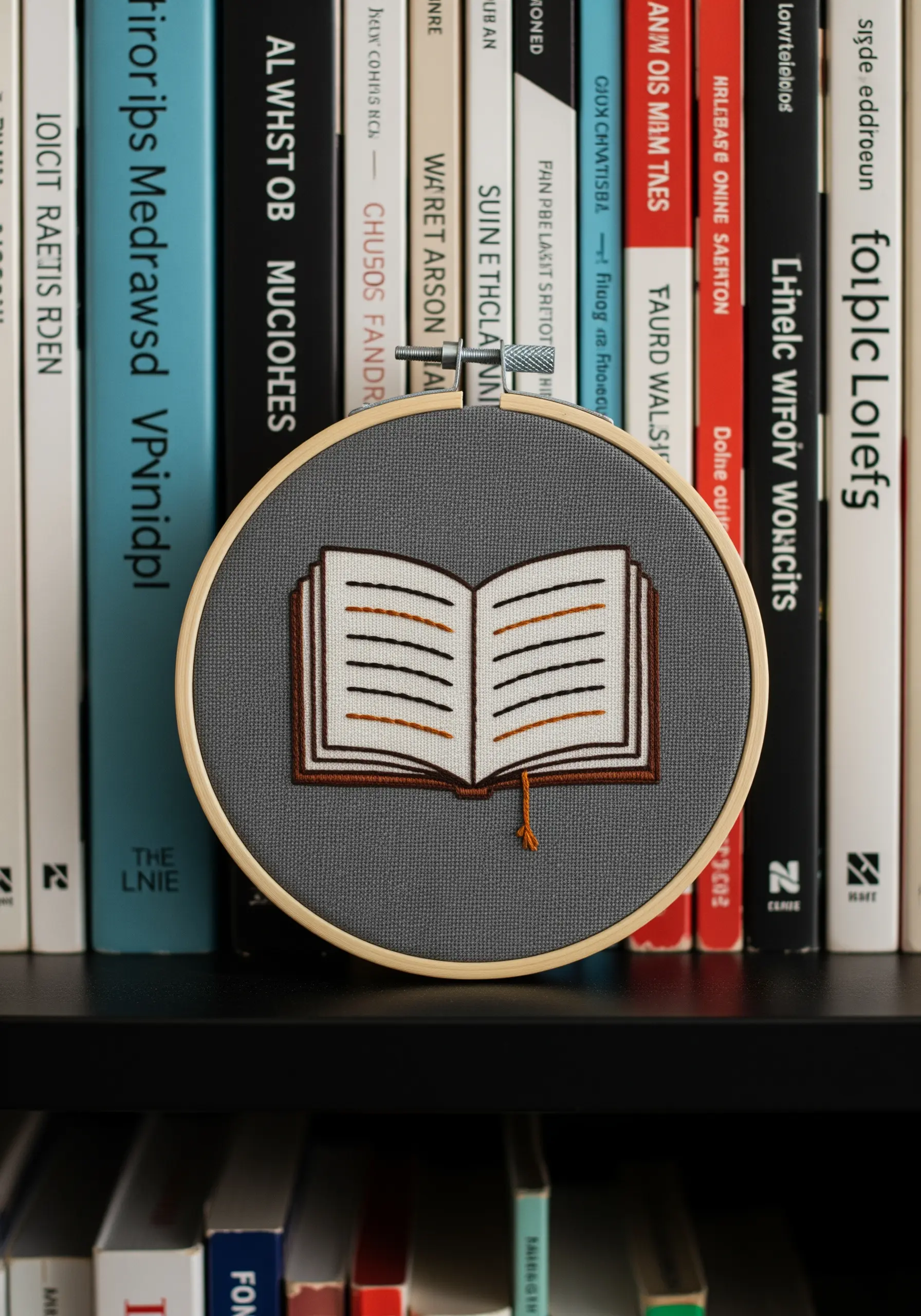 Small embroidery hoop with an open book motif on gray fabric.