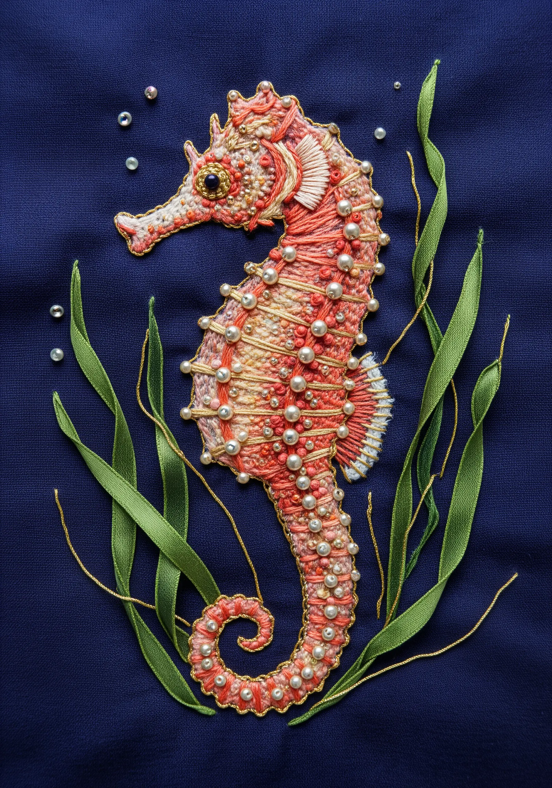 An ornate seahorse embroidery embellished with pearls, beads, and metallic thread.