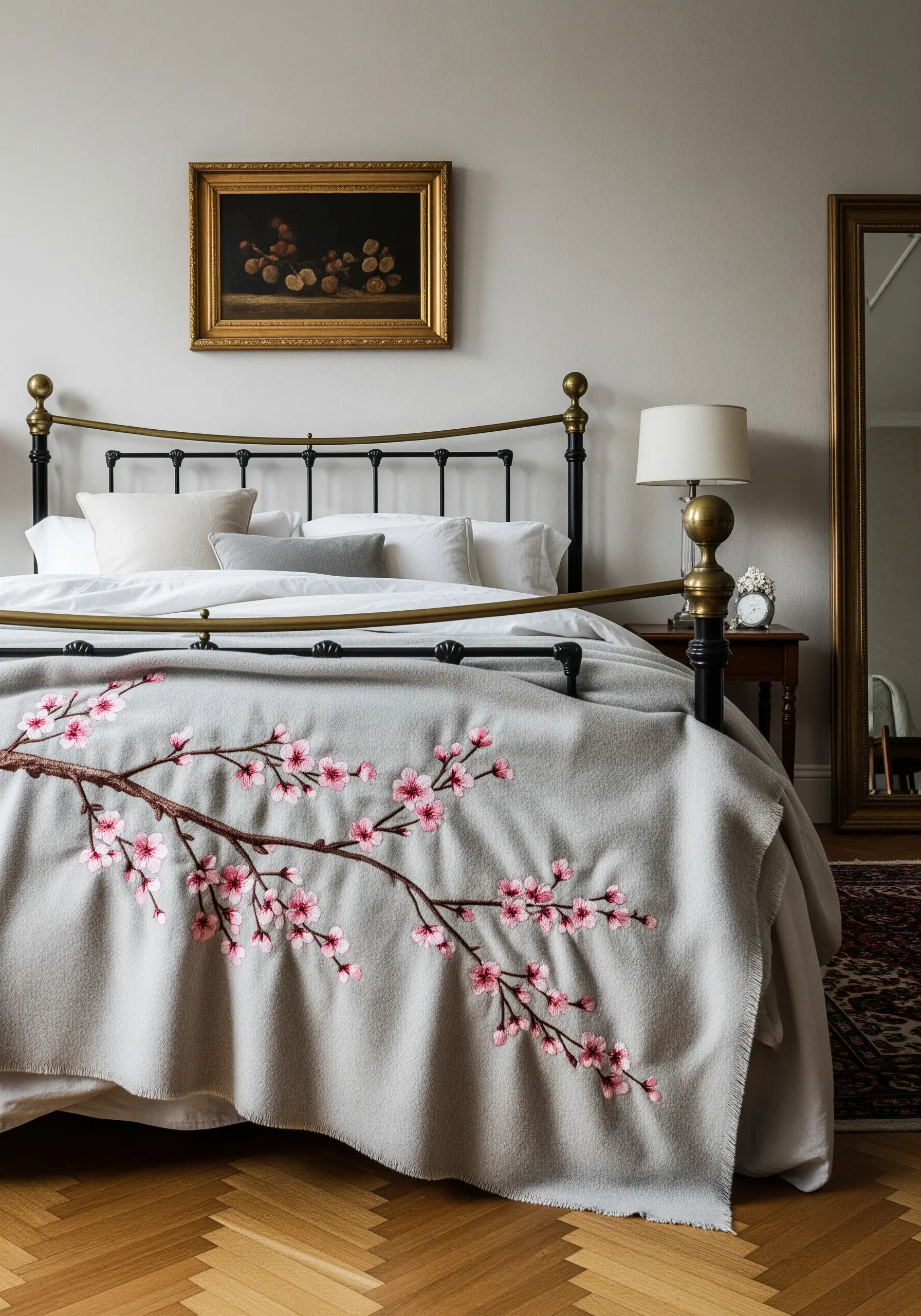 Embroidered cherry blossom branch with pink flowers on a grey wool blanket.