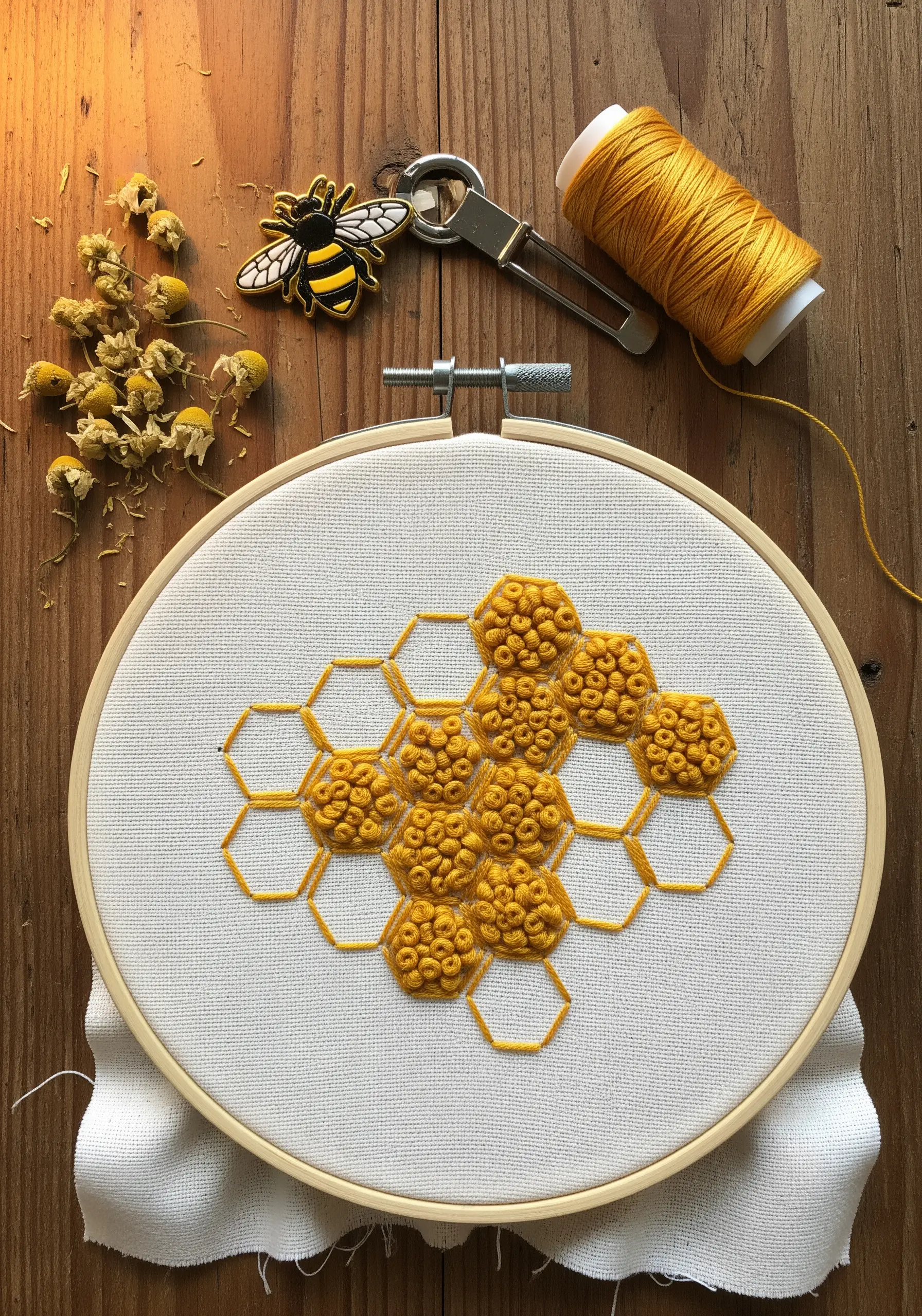 A honeycomb pattern embroidered in yellow, with some cells filled with textured woven wheels.