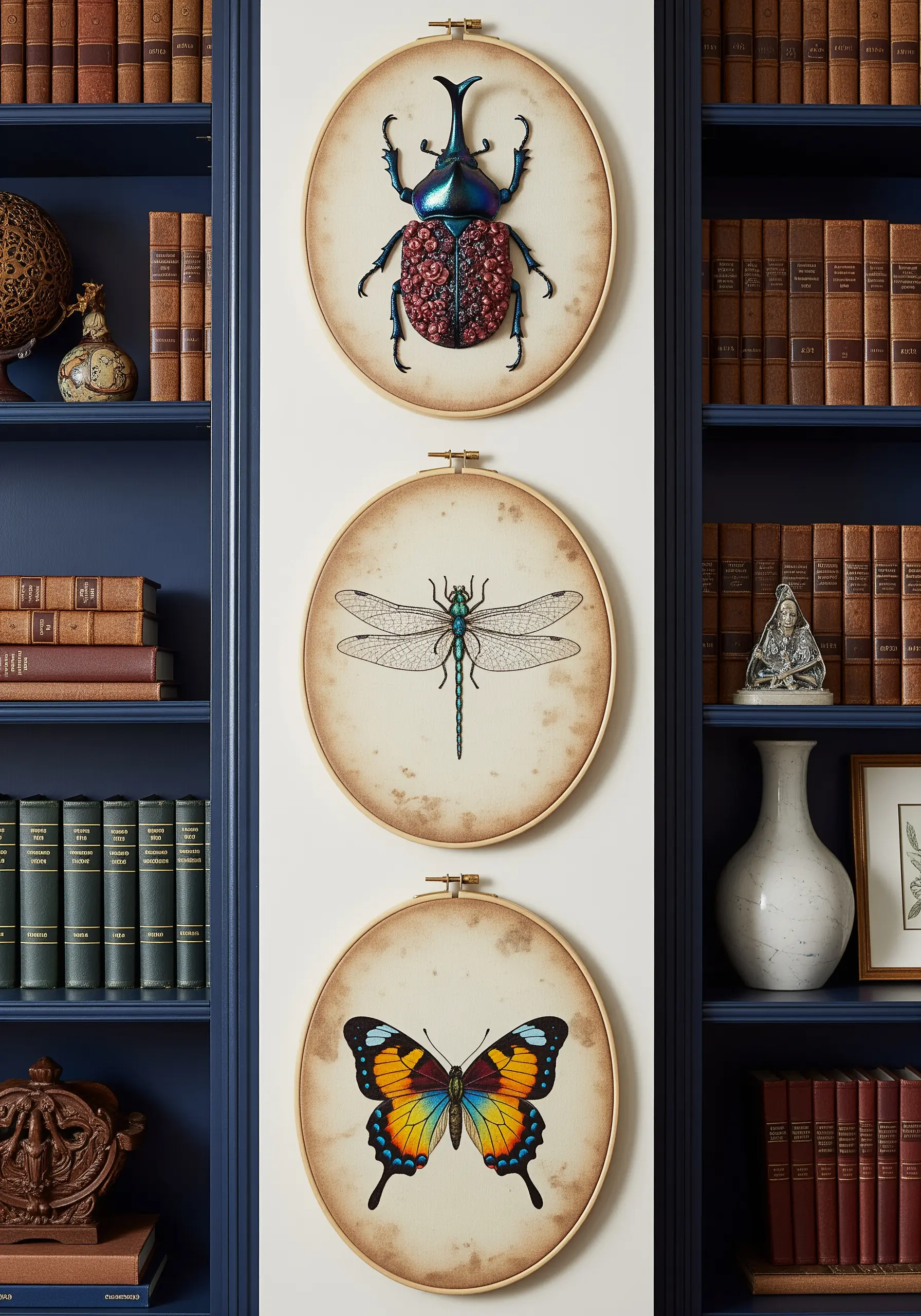 A trio of embroidery hoops with vintage illustrations of insects, enhanced with selective stitching.