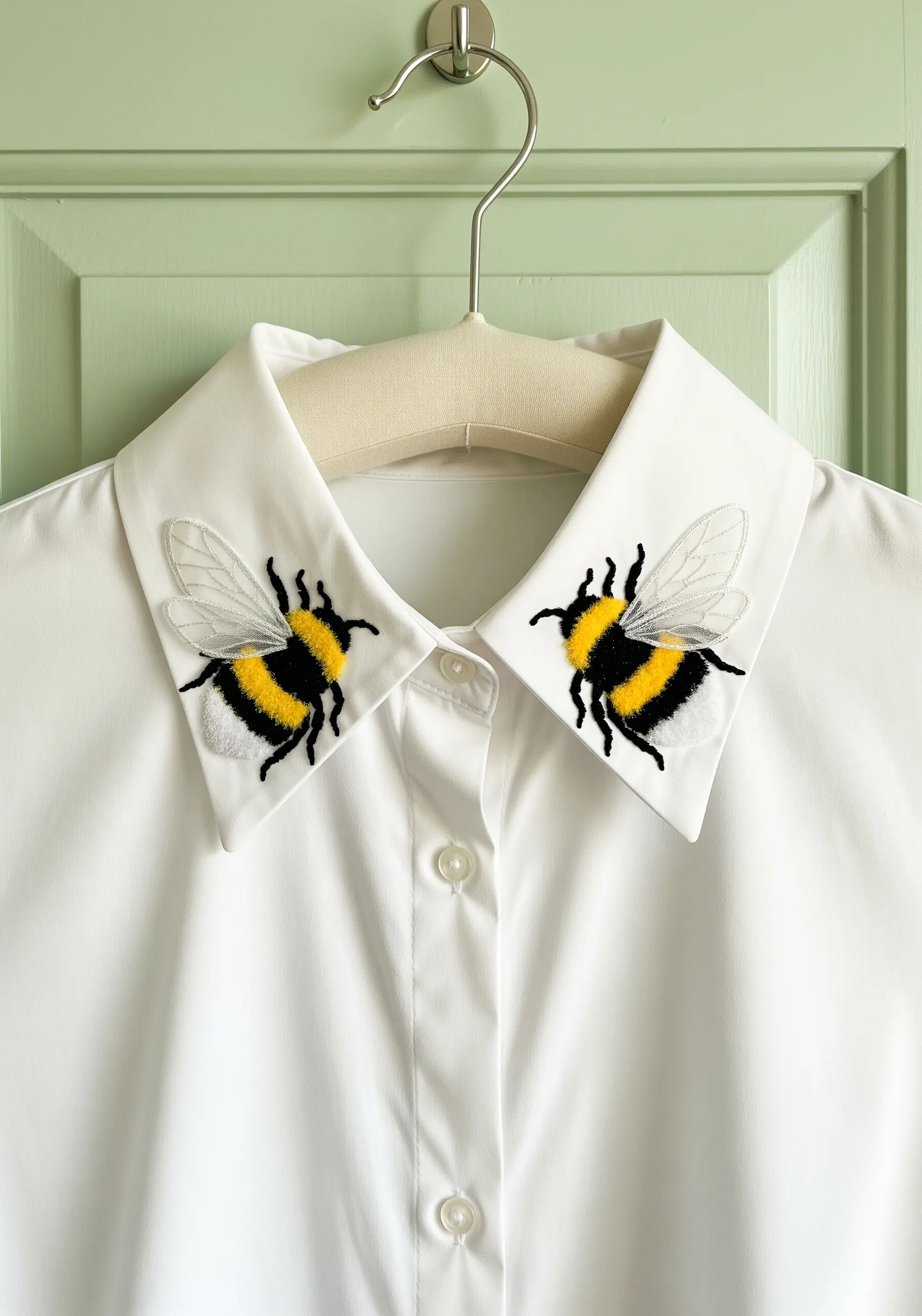 Two embroidered bumblebees with 3D organza wings on the points of a white shirt collar.