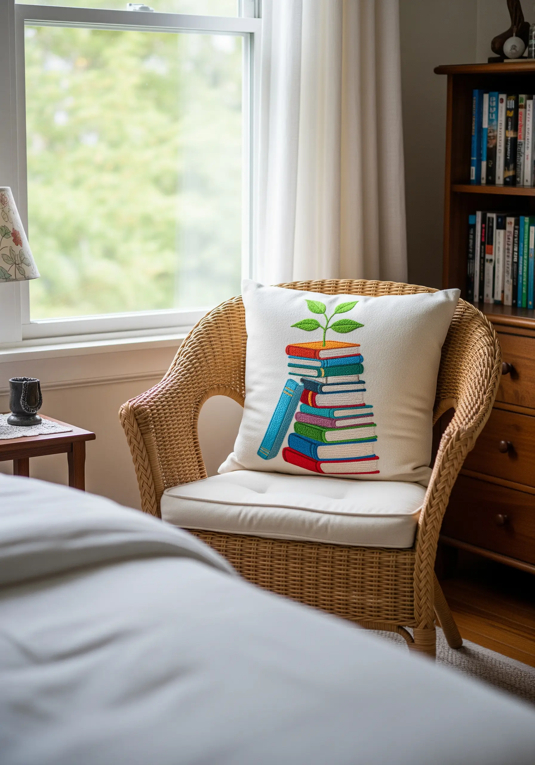 A pillow embroidered with a colorful stack of books and a small green sprout on top.