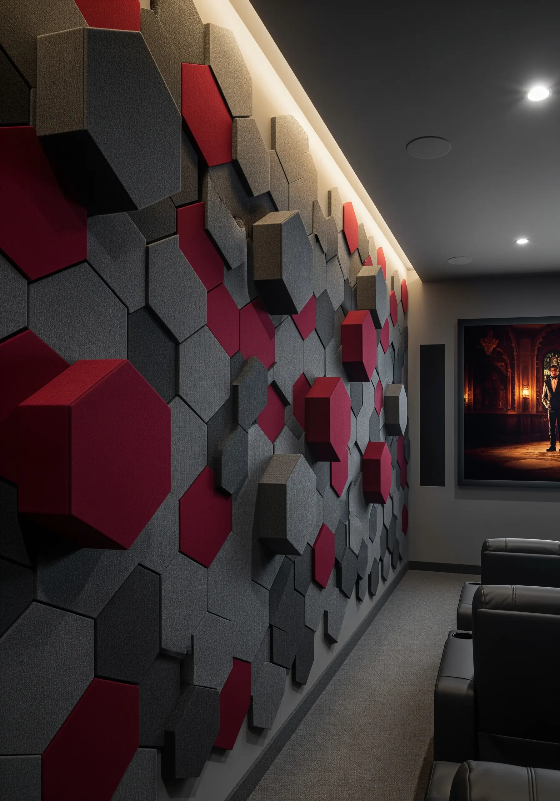 A dimensional wall in a home theater made of gray and red fabric-wrapped hexagonal acoustic panels.