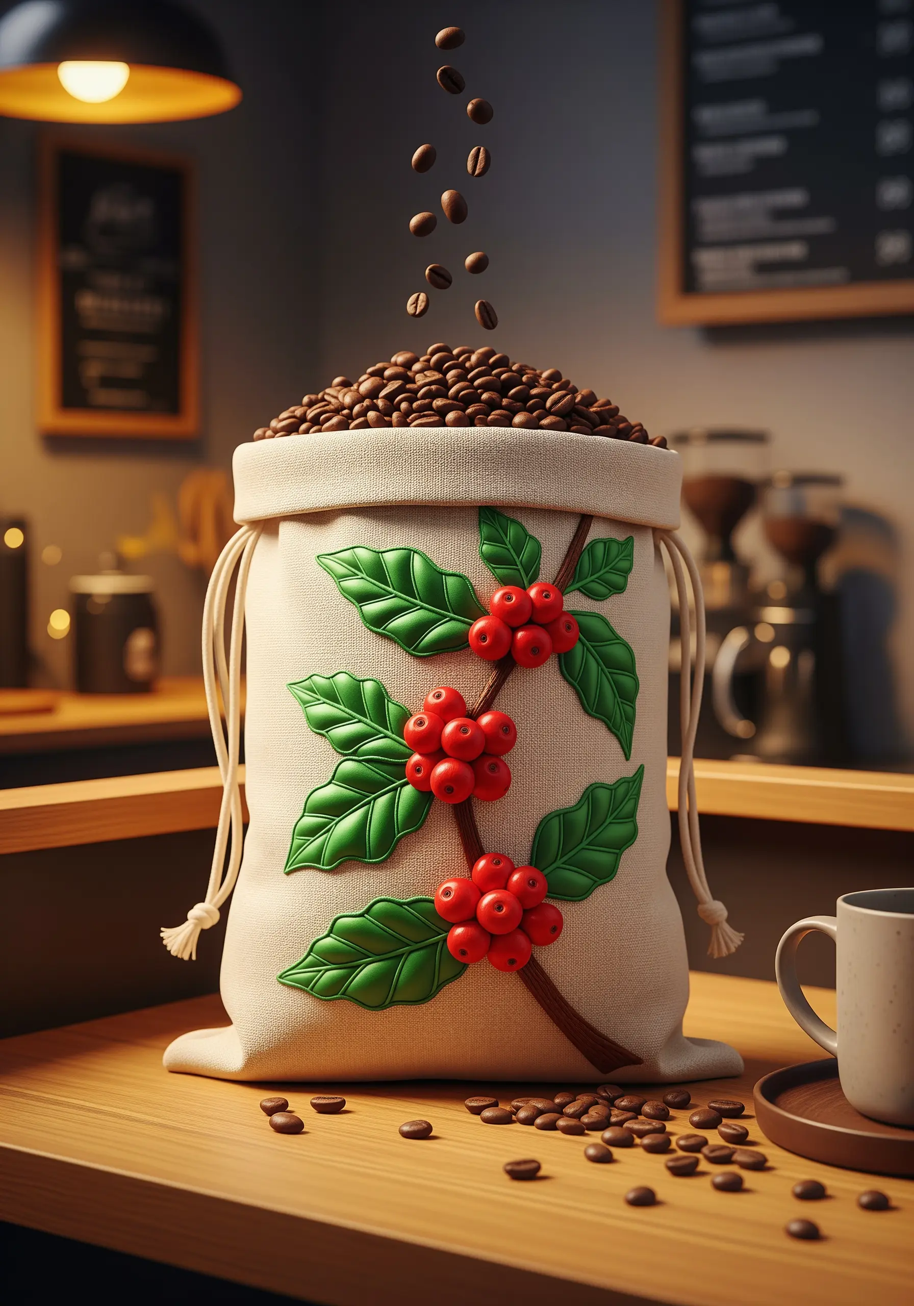 A dimensional embroidered coffee plant with plump red berries and raised green leaves.