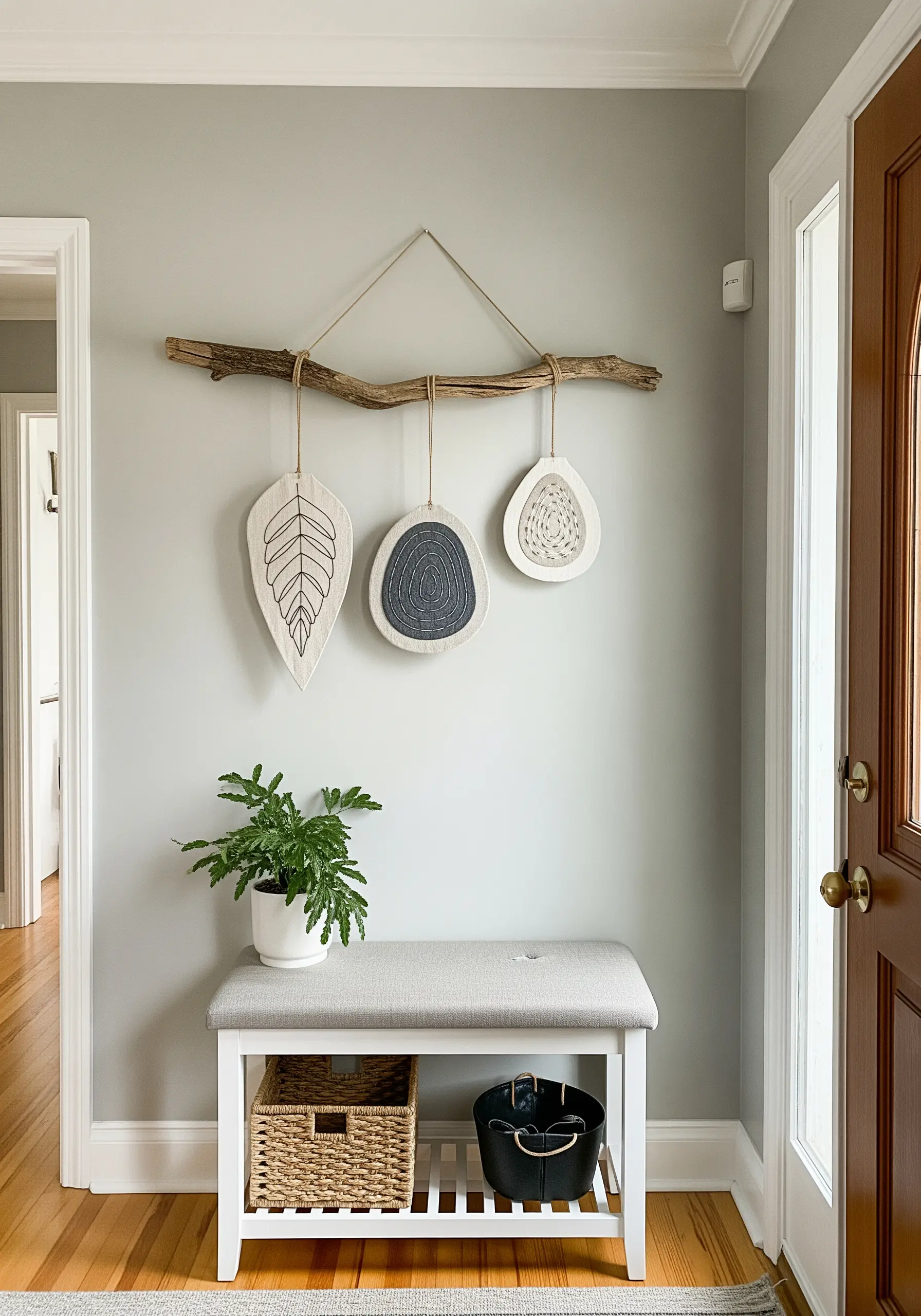 Three padded, embroidered ornaments hanging from a driftwood branch on an entryway wall.