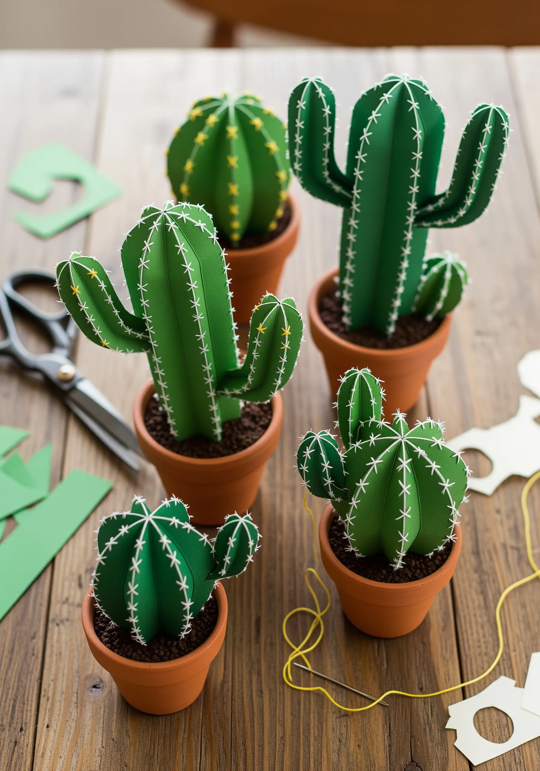 Three-dimensional paper cacti assembled with white embroidery thread along the edges.