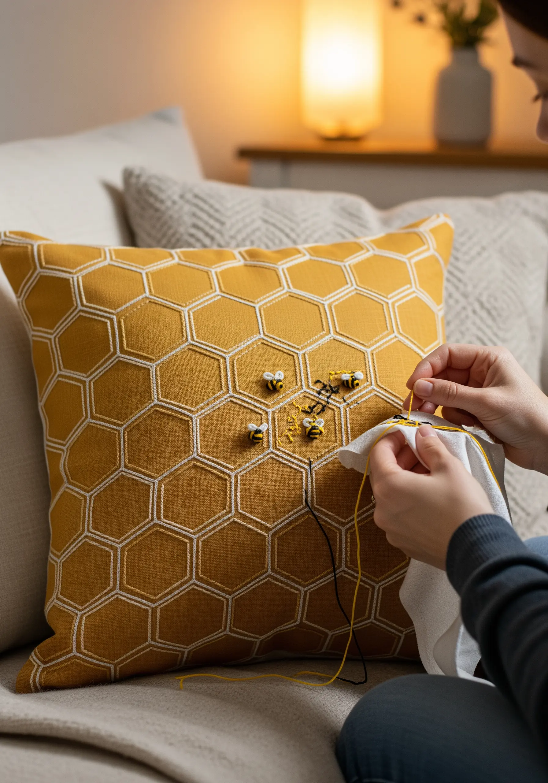 Embroidering small, dimensional bees onto a yellow pillow with a printed honeycomb pattern.