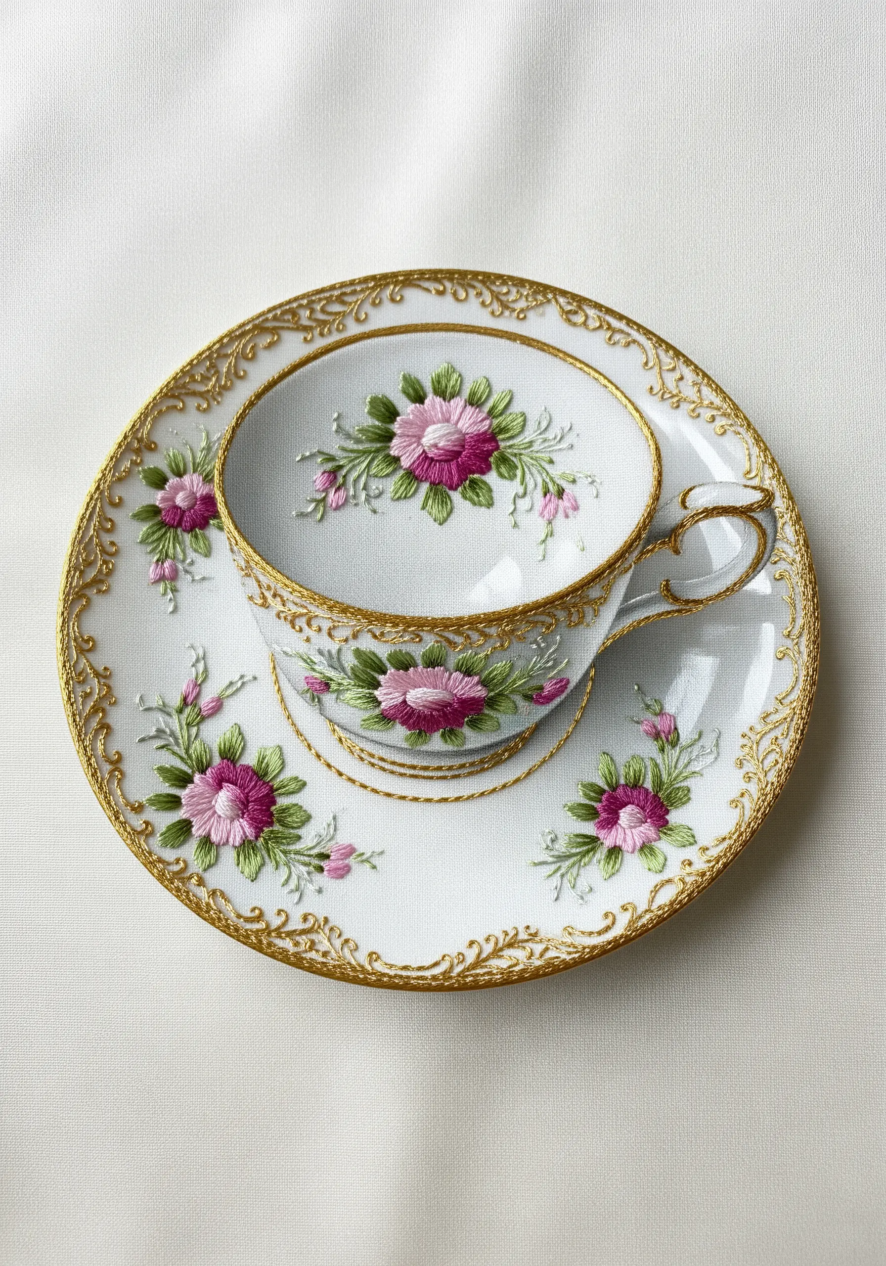 A delicate floral teacup and saucer detailed with couched gold metallic thread.