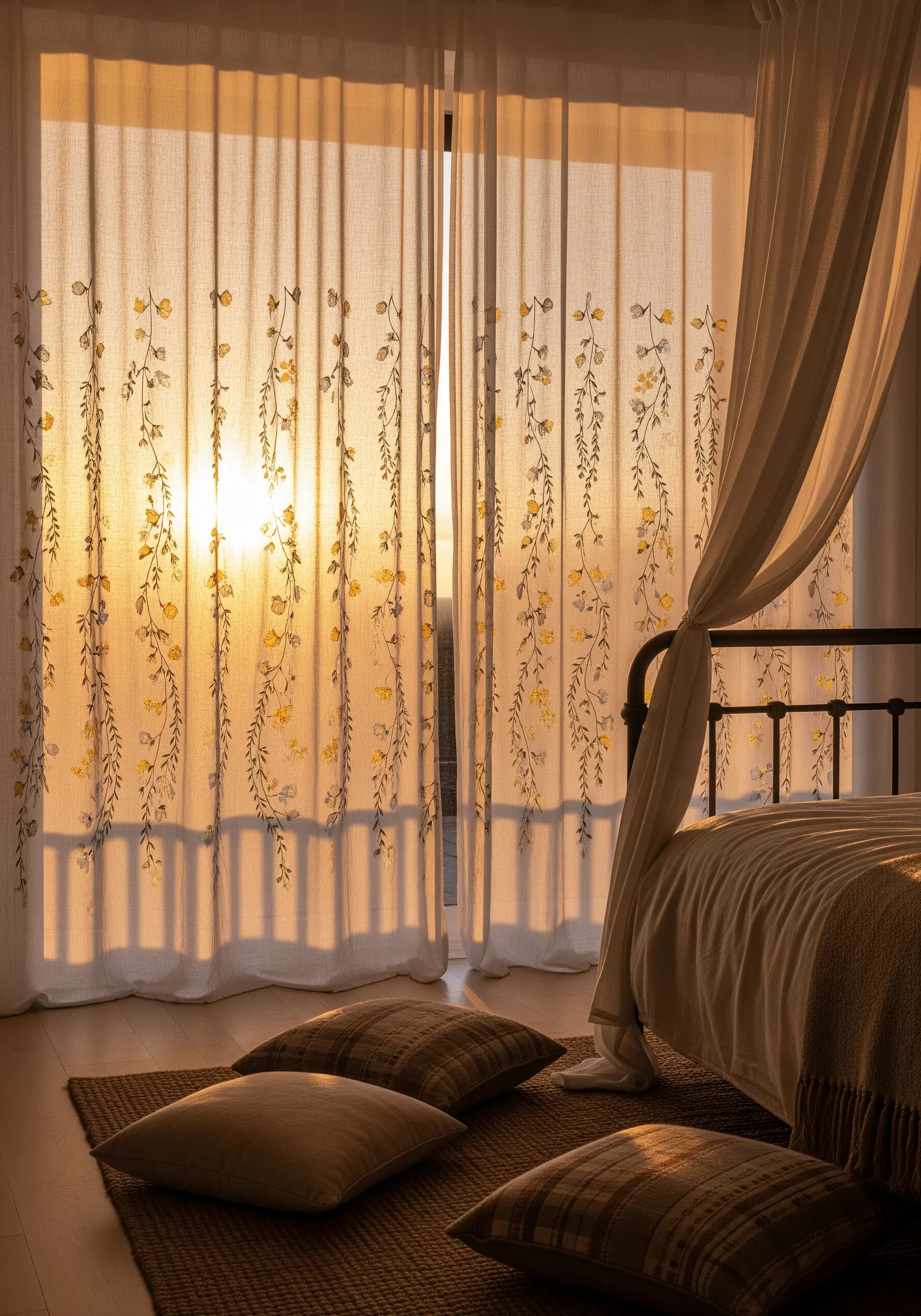 Delicate yellow and gray floral vines embroidered on sheer white curtains with sunlight streaming through.