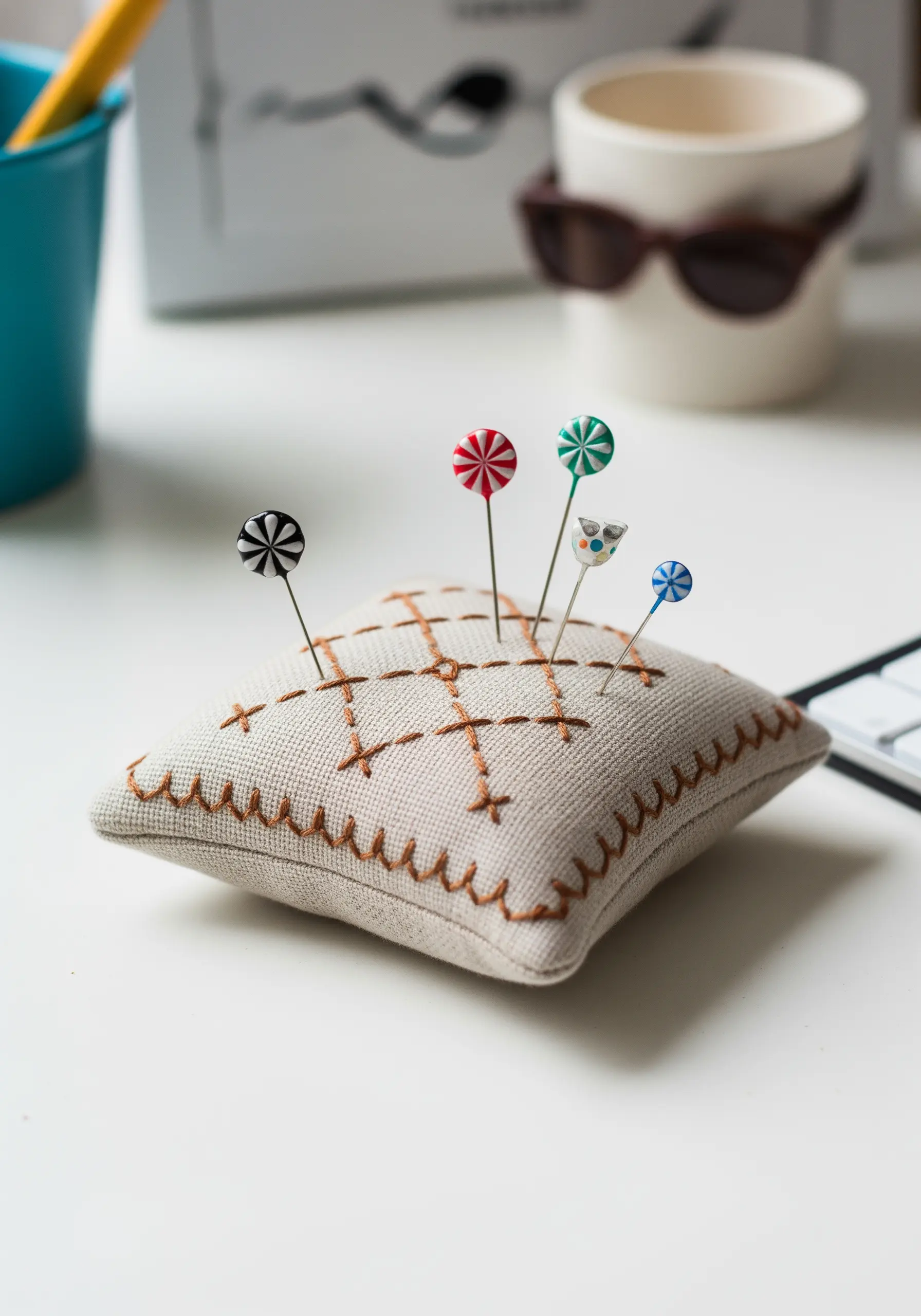 A linen pincushion decorated with a hand-stitched grid in brown thread