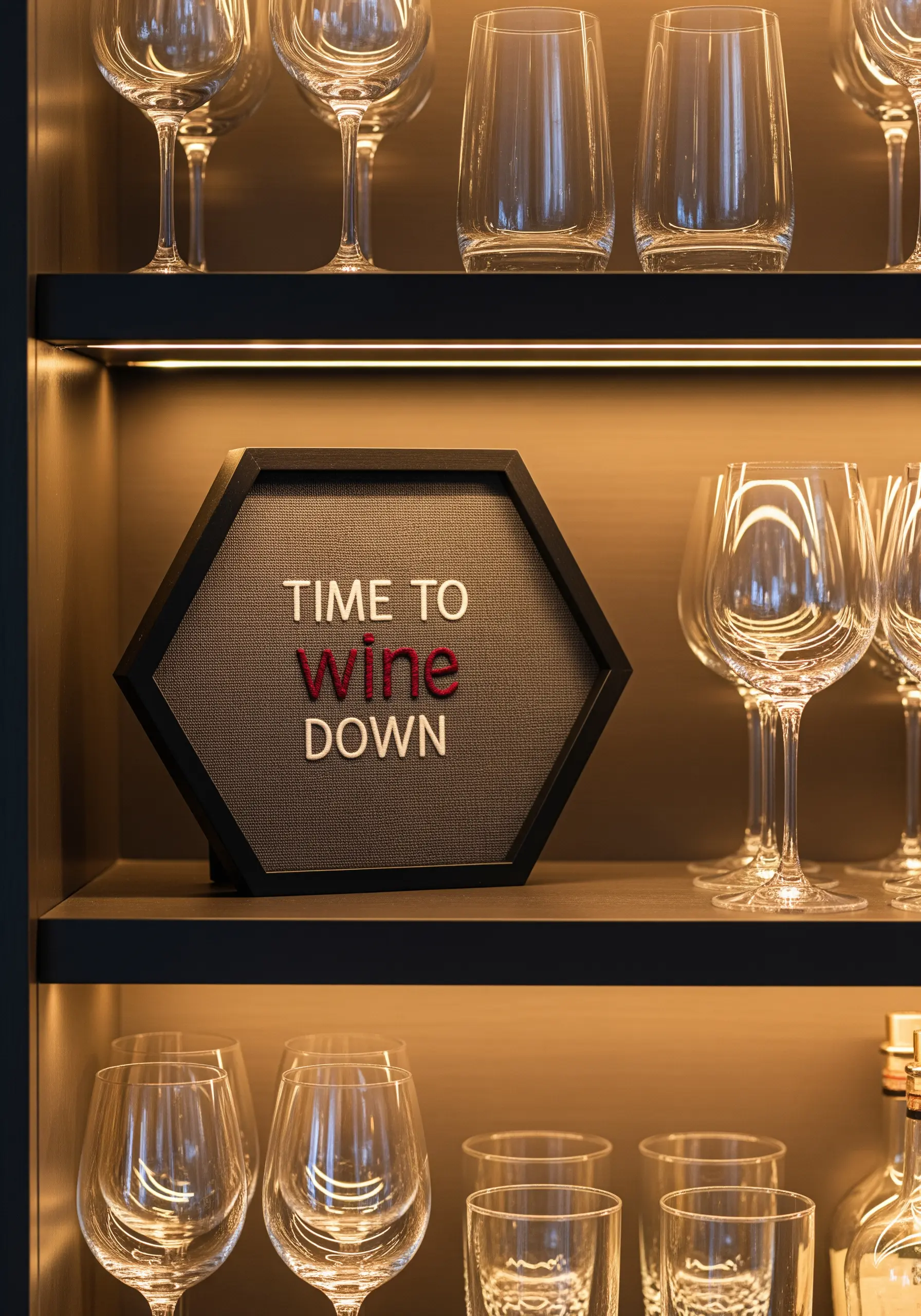 A modern quote with red accents stitched on gray fabric in a black hexagonal frame.