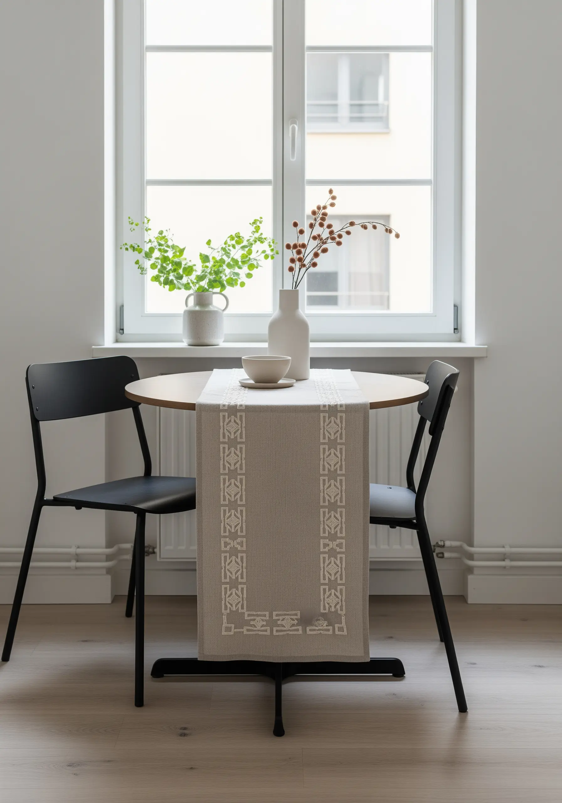 A beige table runner with a geometric pattern stitched in off-white thread