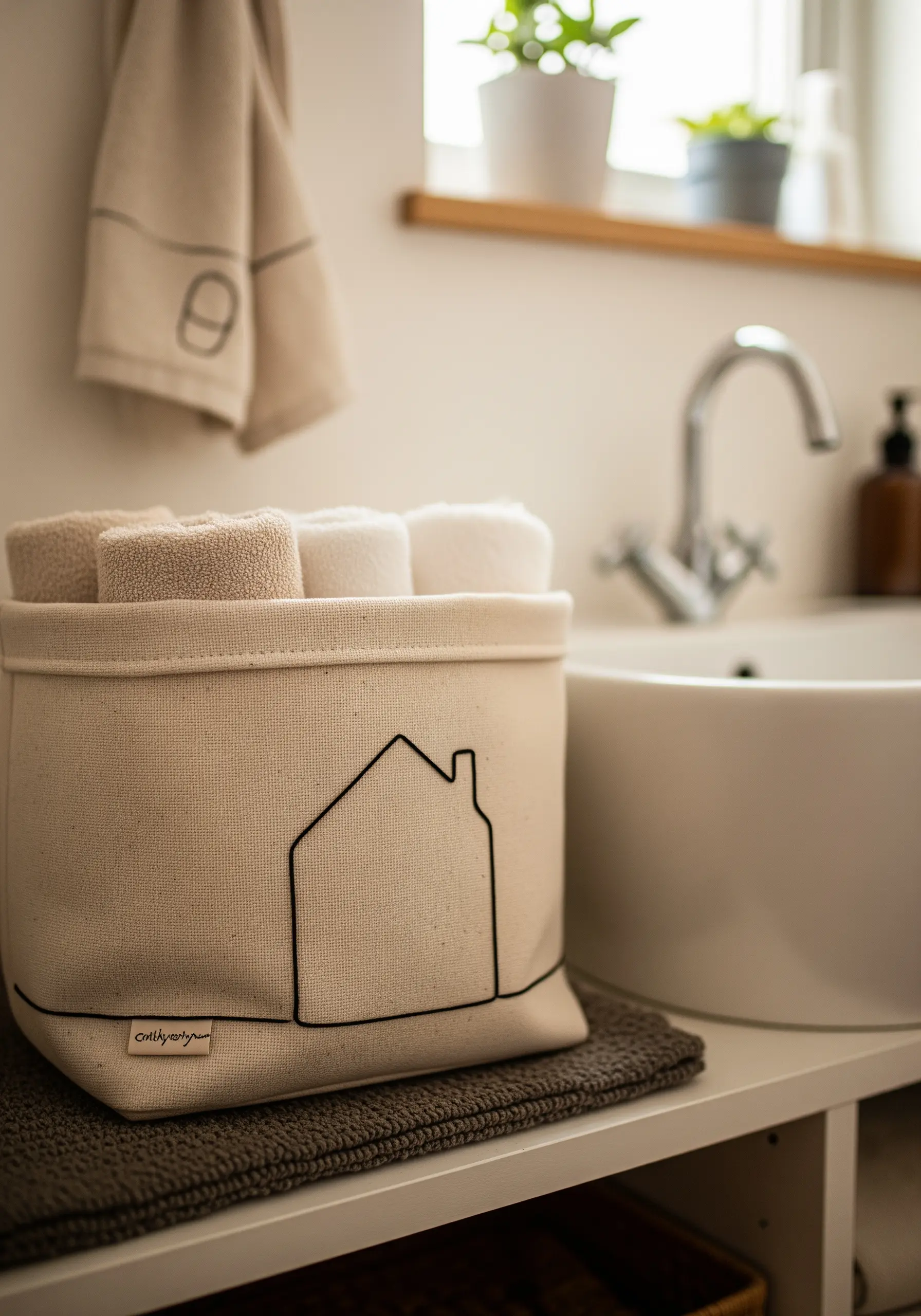 A simple black house outline embroidered onto the side of a canvas storage basket.