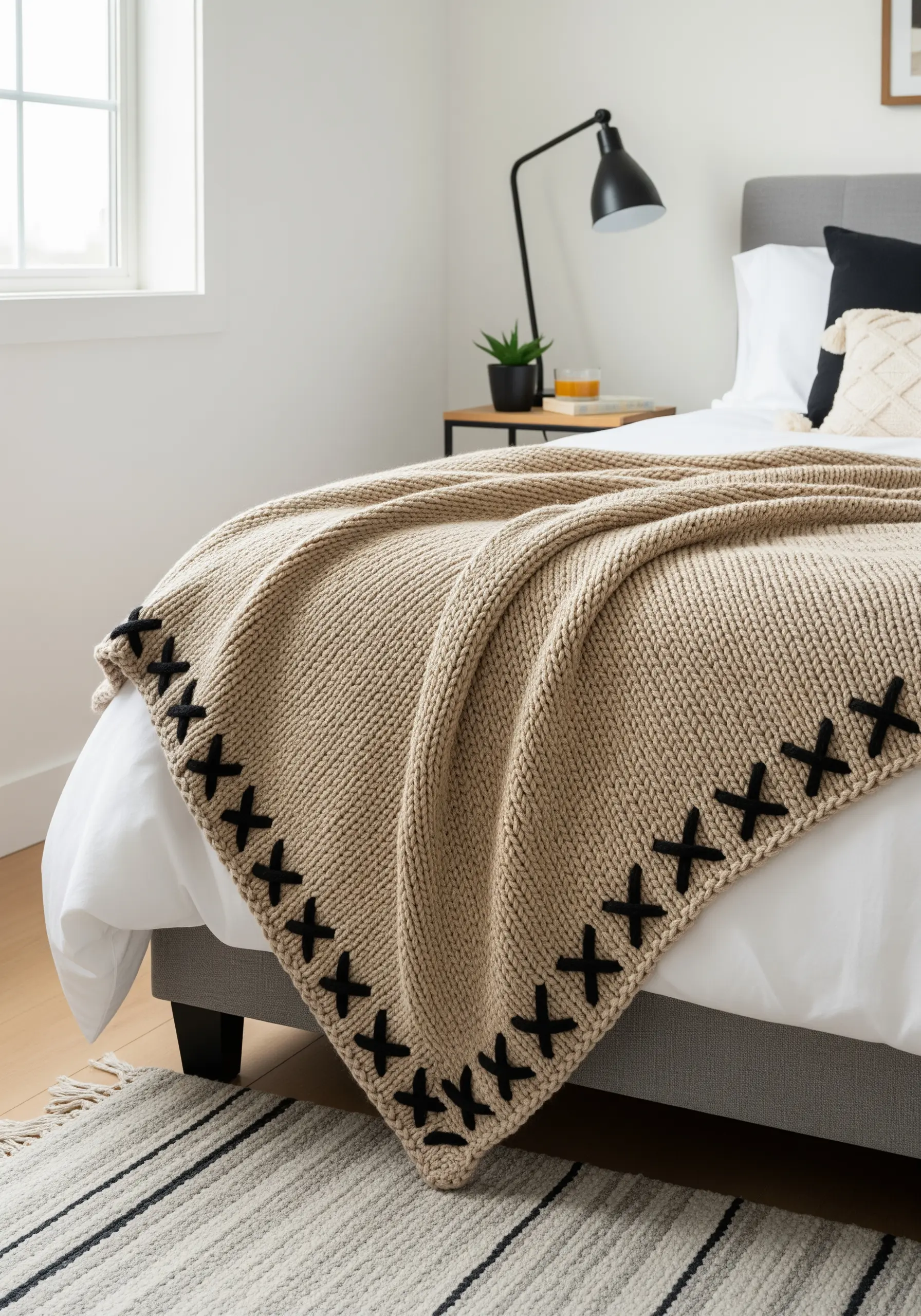 A beige knit blanket with a border of large, black, hand-stitched Xs