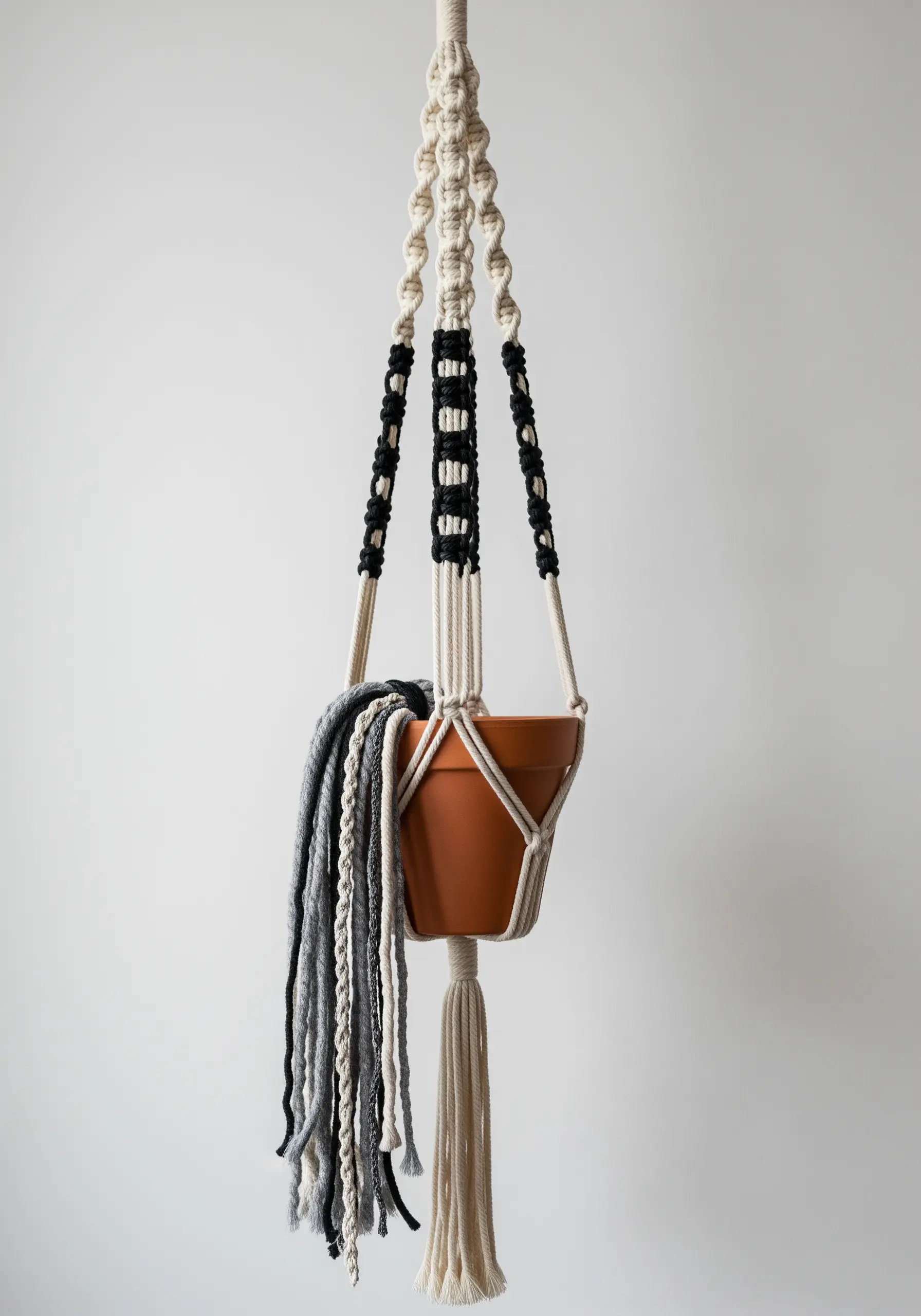 A macrame plant hanger with black and white yarn-wrapped details holding a terracotta pot.