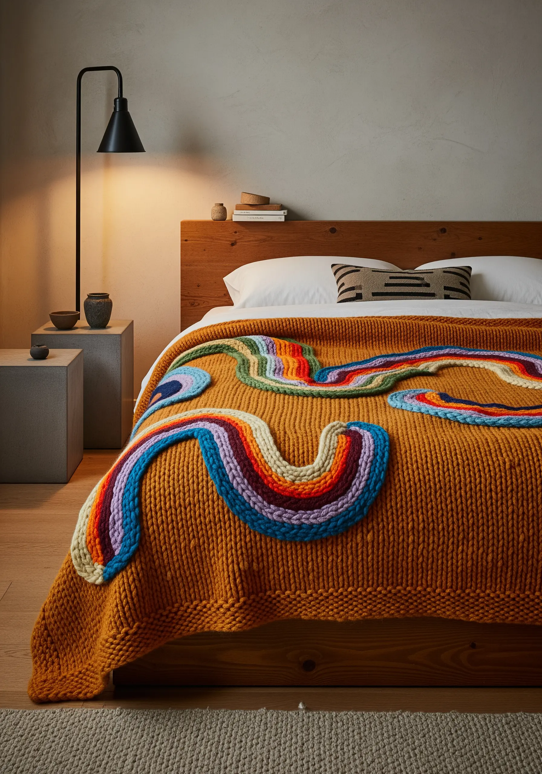Chunky knit mustard-colored blanket with a large, couched rainbow yarn design.