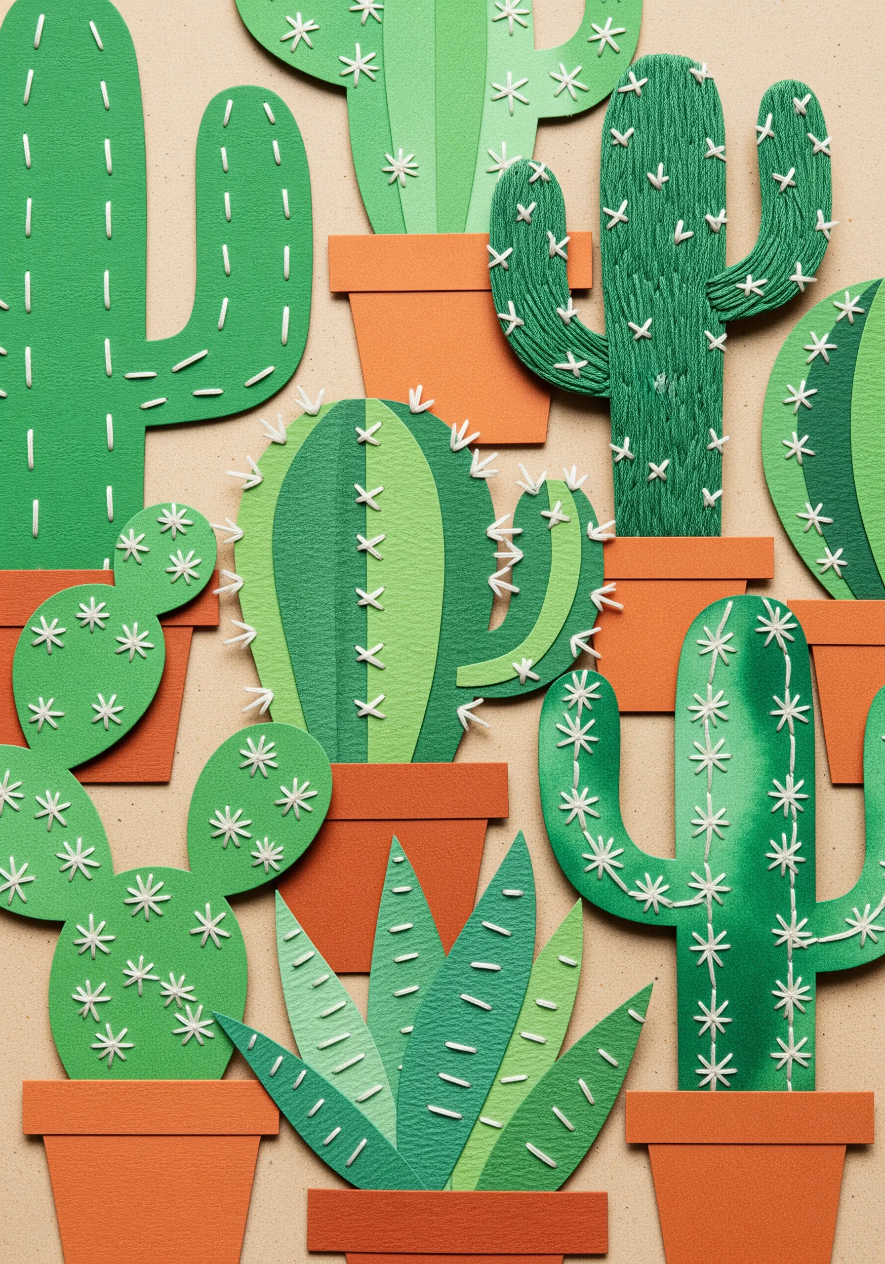 A collection of green paper cacti decorated with white stitches to represent spines and needles.