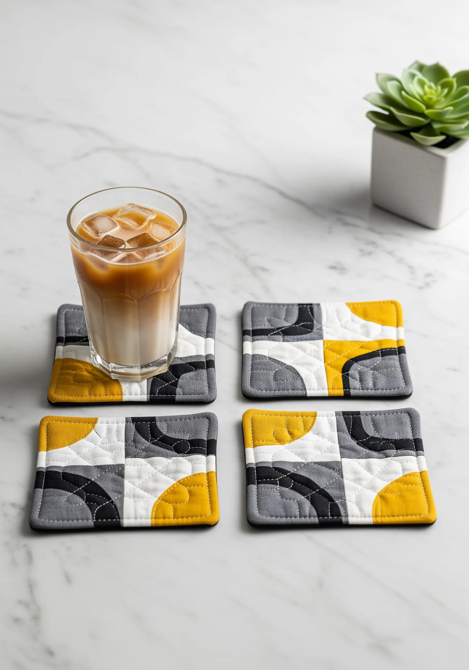Set of four modern quilted coasters with geometric patterns in yellow, gray, and black.