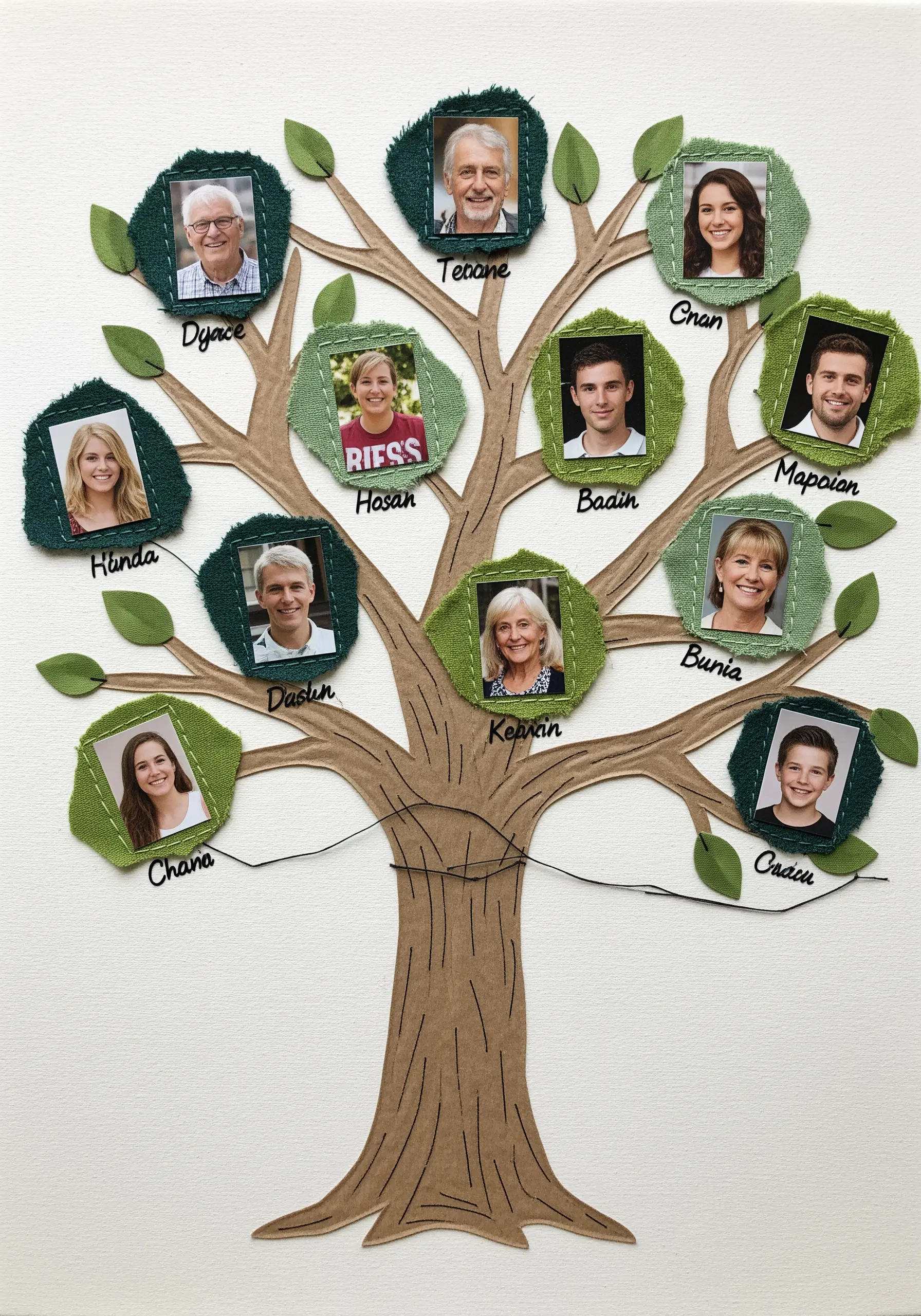 A family tree collage with photos on fabric, featuring names hand-stitched in black thread.