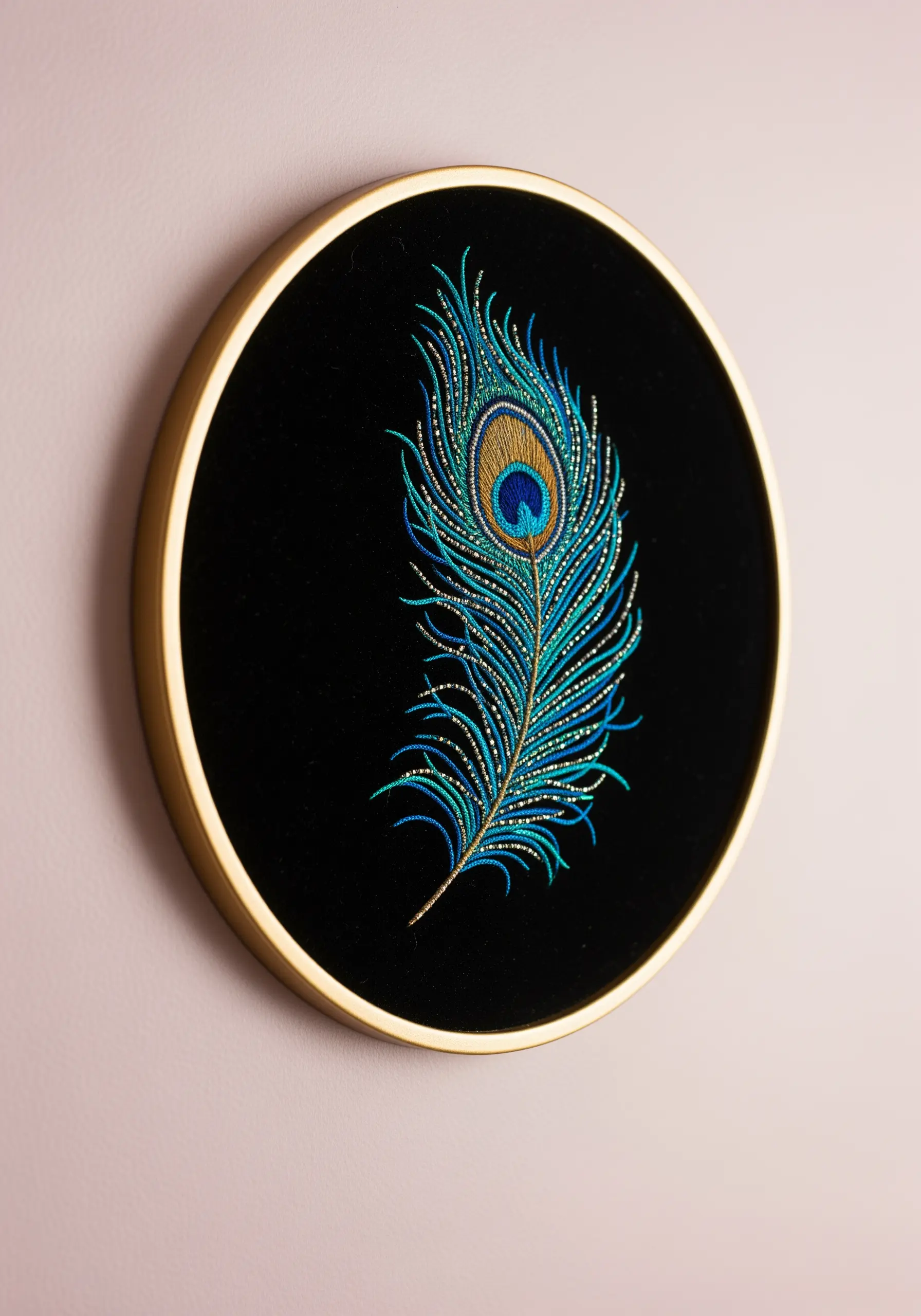 A detailed embroidery of a peacock feather on black velvet, embellished with tiny beads.