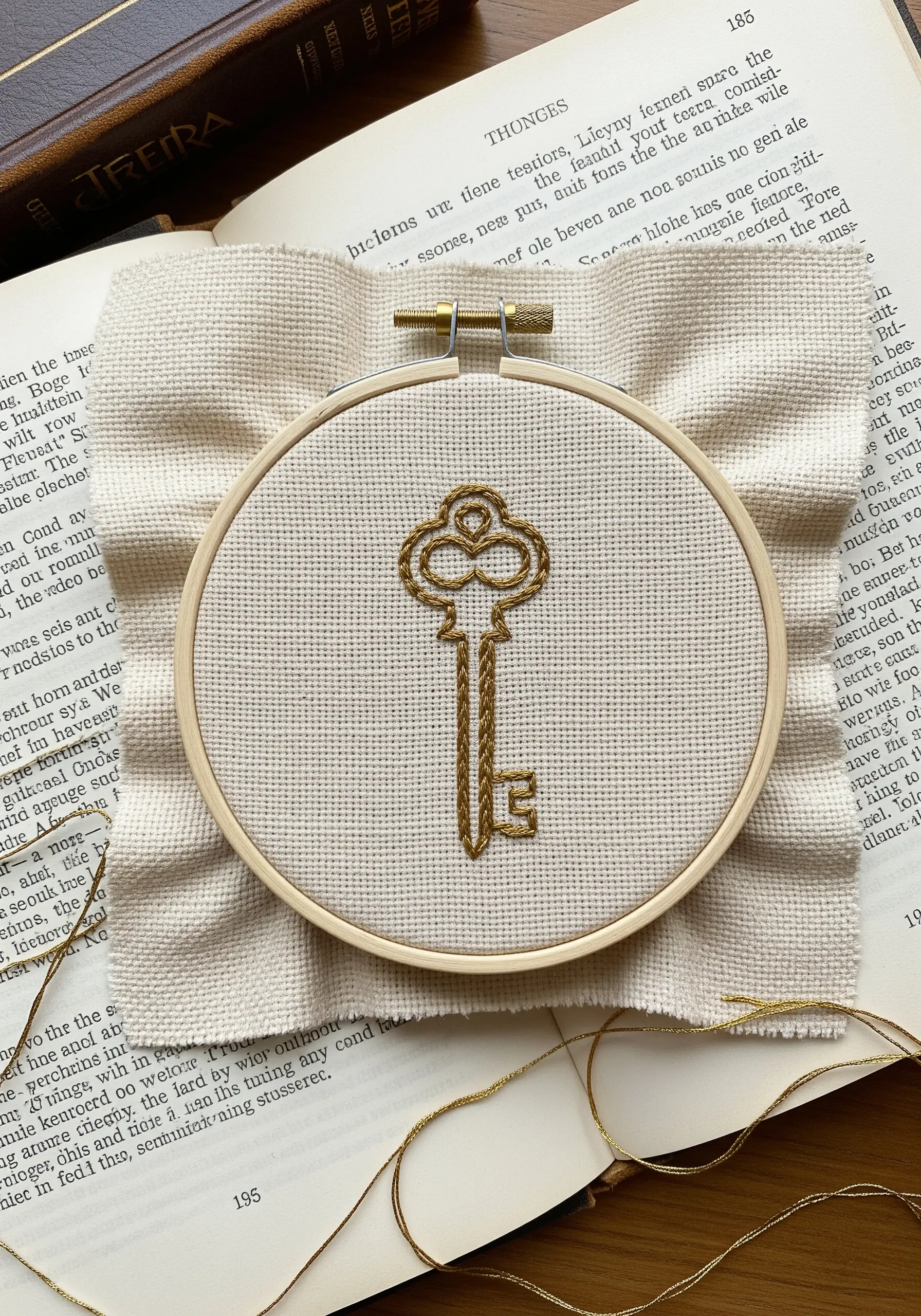 A vintage-style key embroidered with shiny gold metallic thread on Aida cloth.