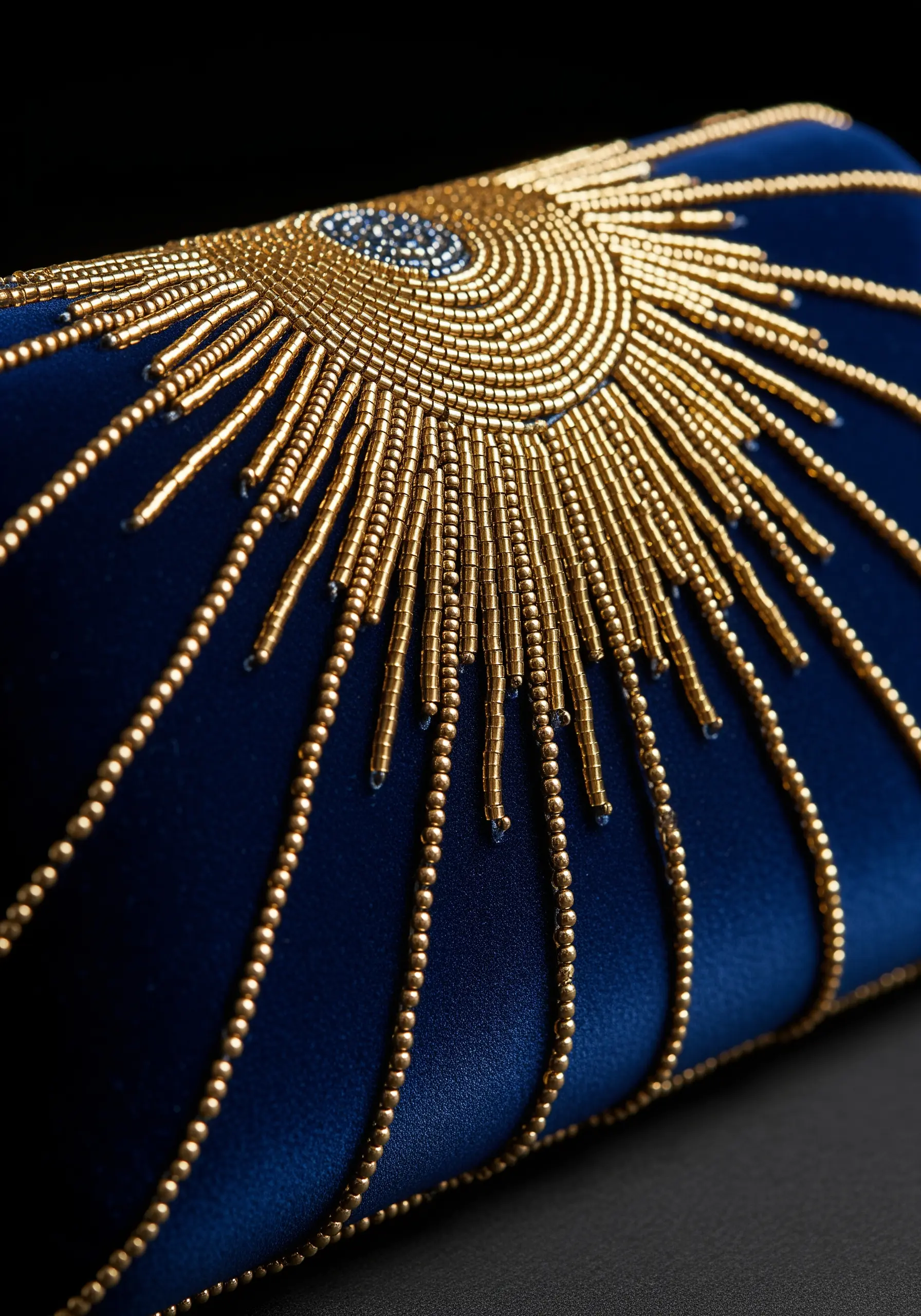 Intricate sunburst pattern made with gold seed and bugle beads on a royal blue velvet cushion.