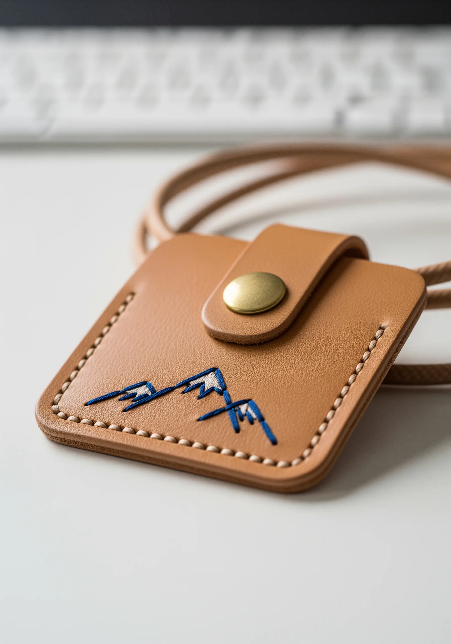 A minimalist mountain range embroidered in blue and white on a tan leather pouch.