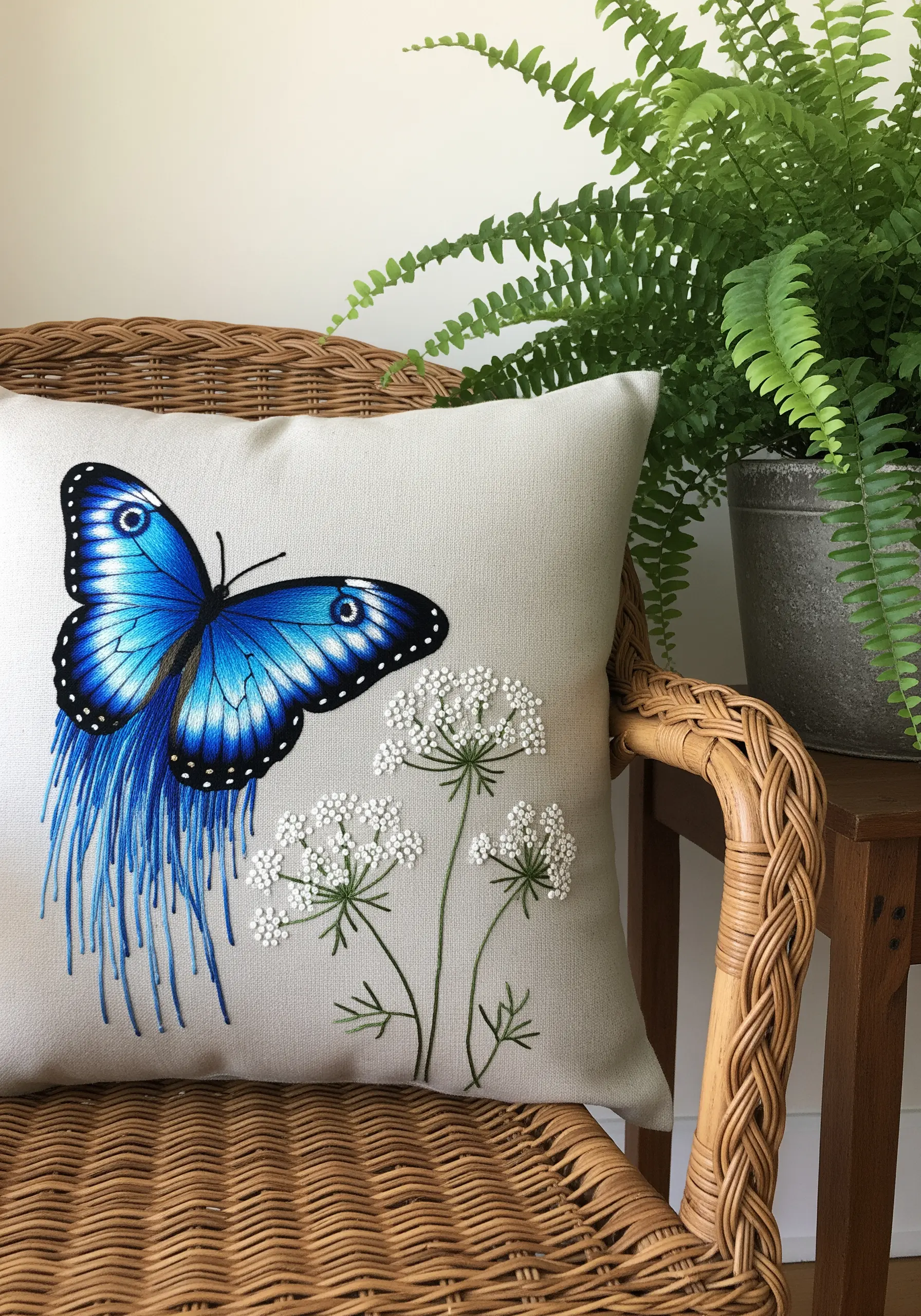 Blue Morpho butterfly embroidery on a pillow with long, trailing blue thread drips.