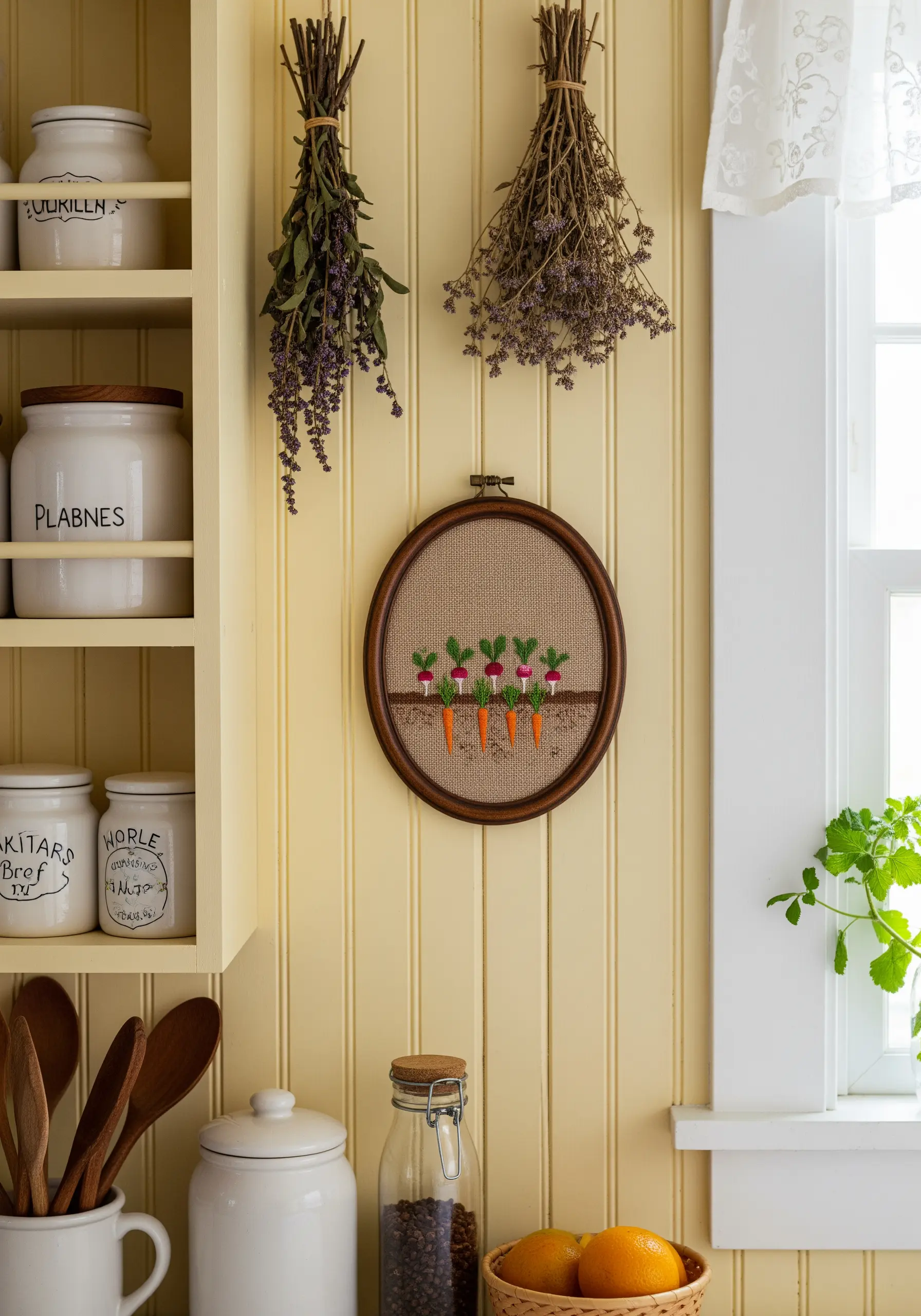 An oval embroidery hoop with a row of stitched carrots and radishes.