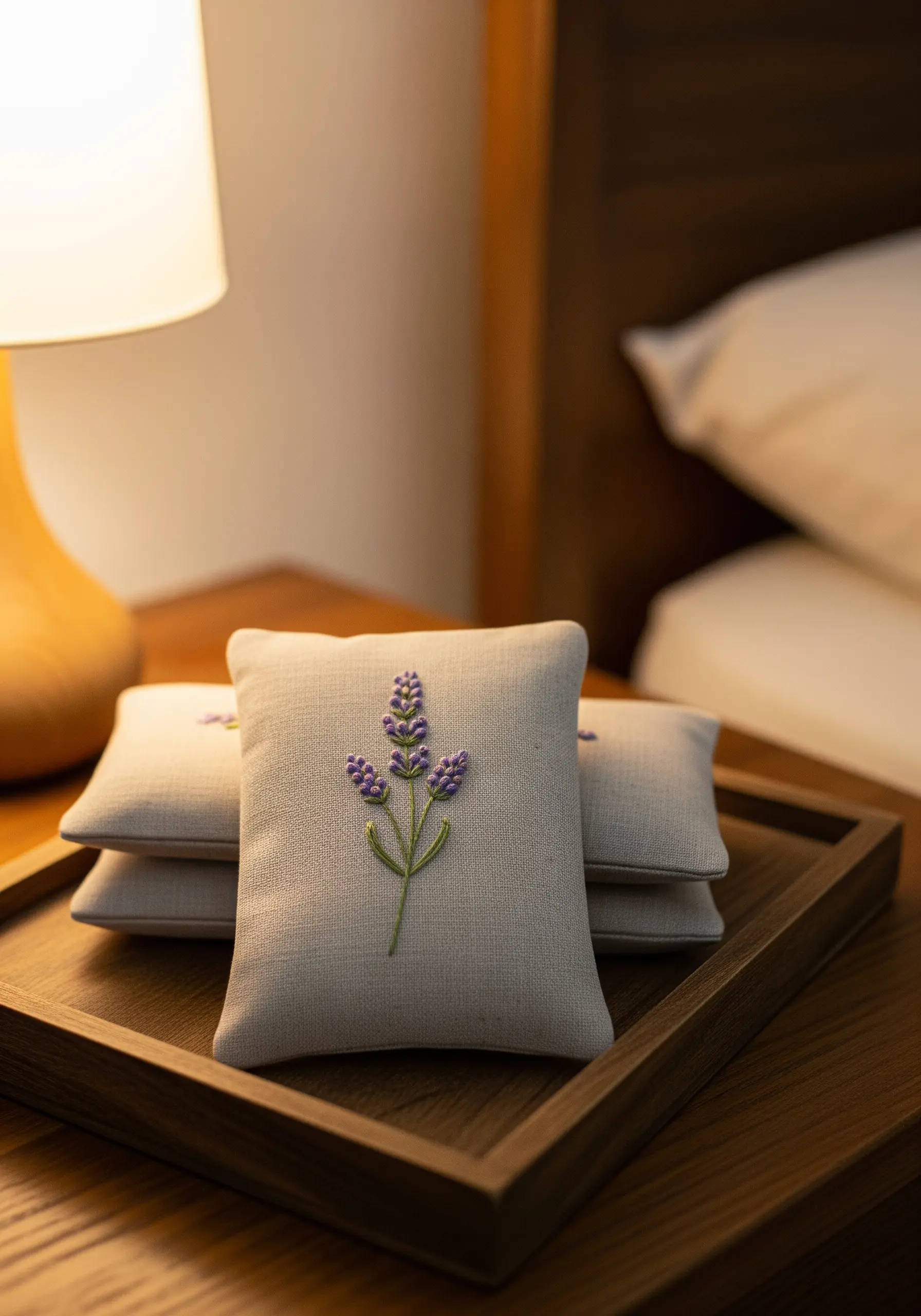 A small linen sachet with a simple lavender sprig embroidered on the front.