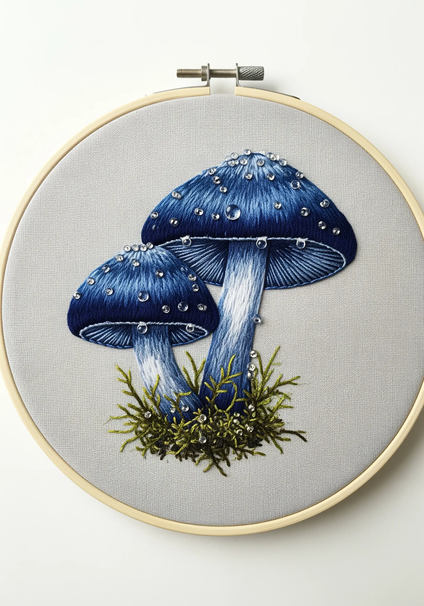 Blue satin-stitched mushrooms embellished with clear seed beads for a dewy effect.