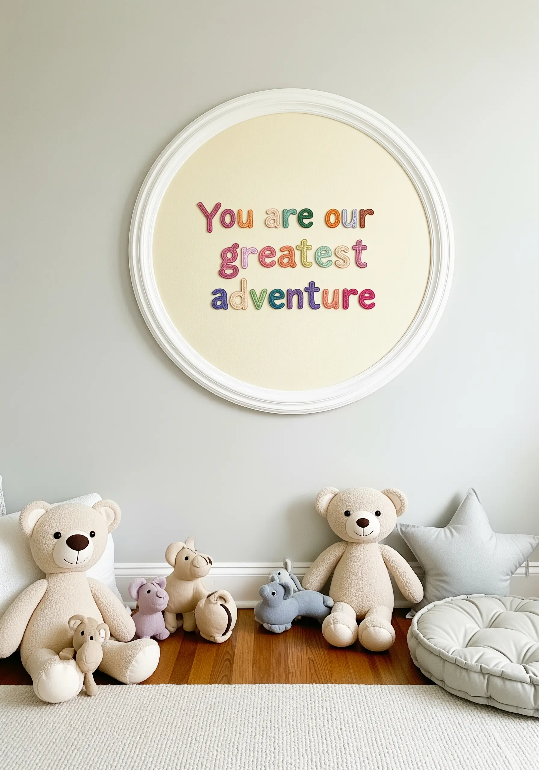 A colorful, puffy-lettered quote in a large circular frame in a nursery.