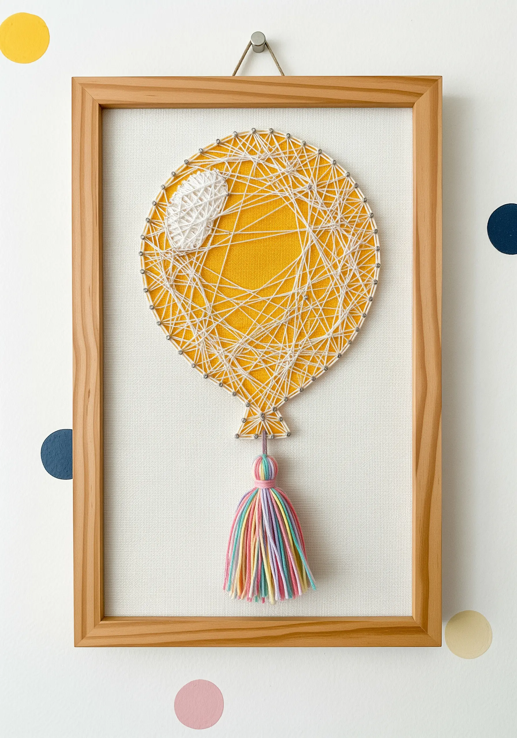 Framed string art balloon with a multi-colored yarn tassel attached to the bottom.