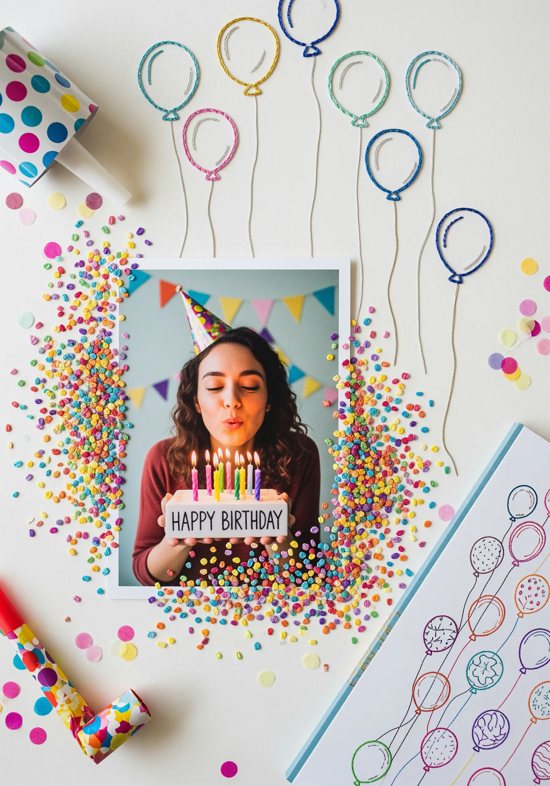 A birthday photo surrounded by real confetti with stitched strings leading to paper balloons.