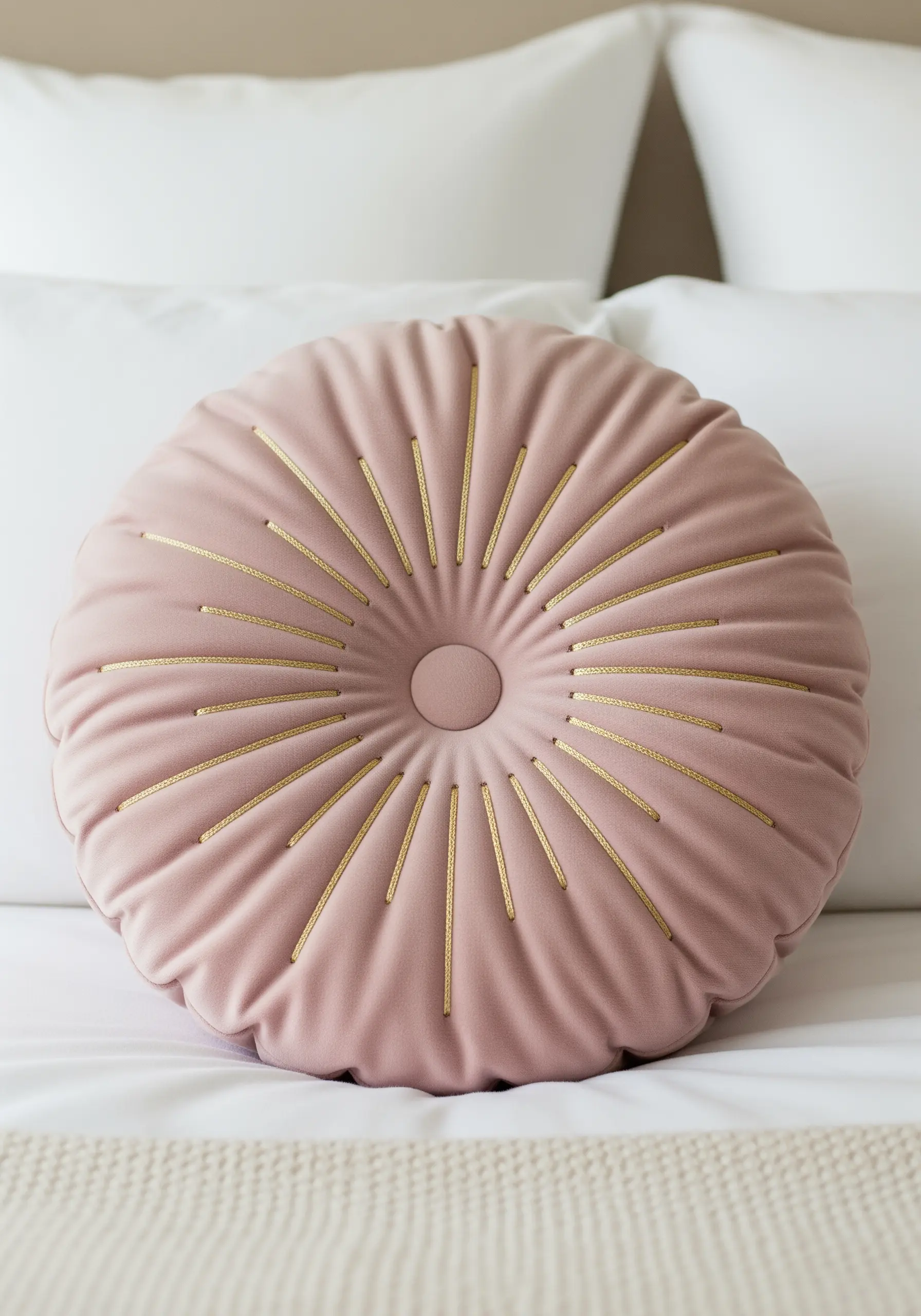 A round, pleated pink velvet cushion with radiating lines of gold thread stitched between the pleats.
