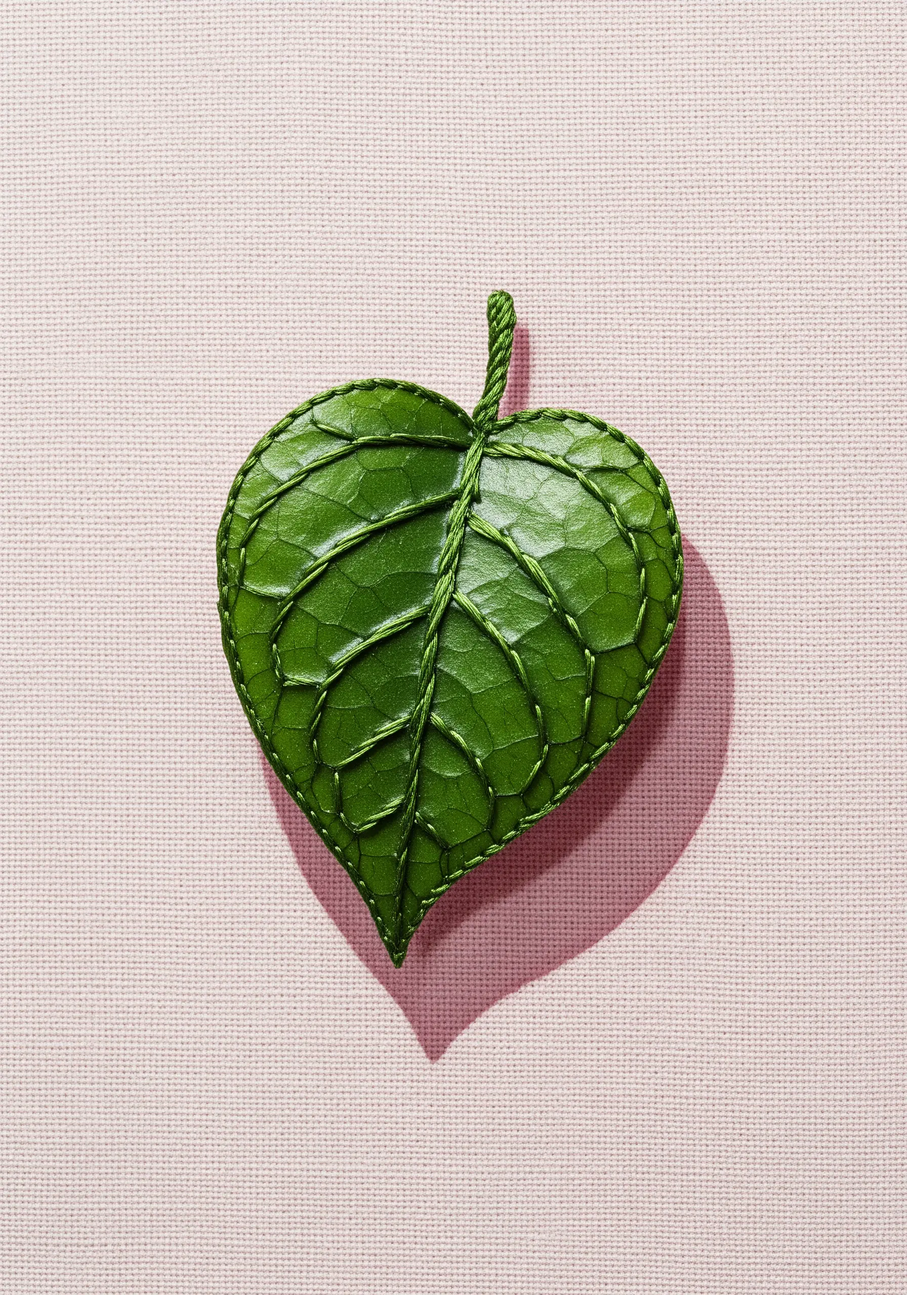 A green heart-shaped leaf with a soft pink shadow and raised, couched veins.