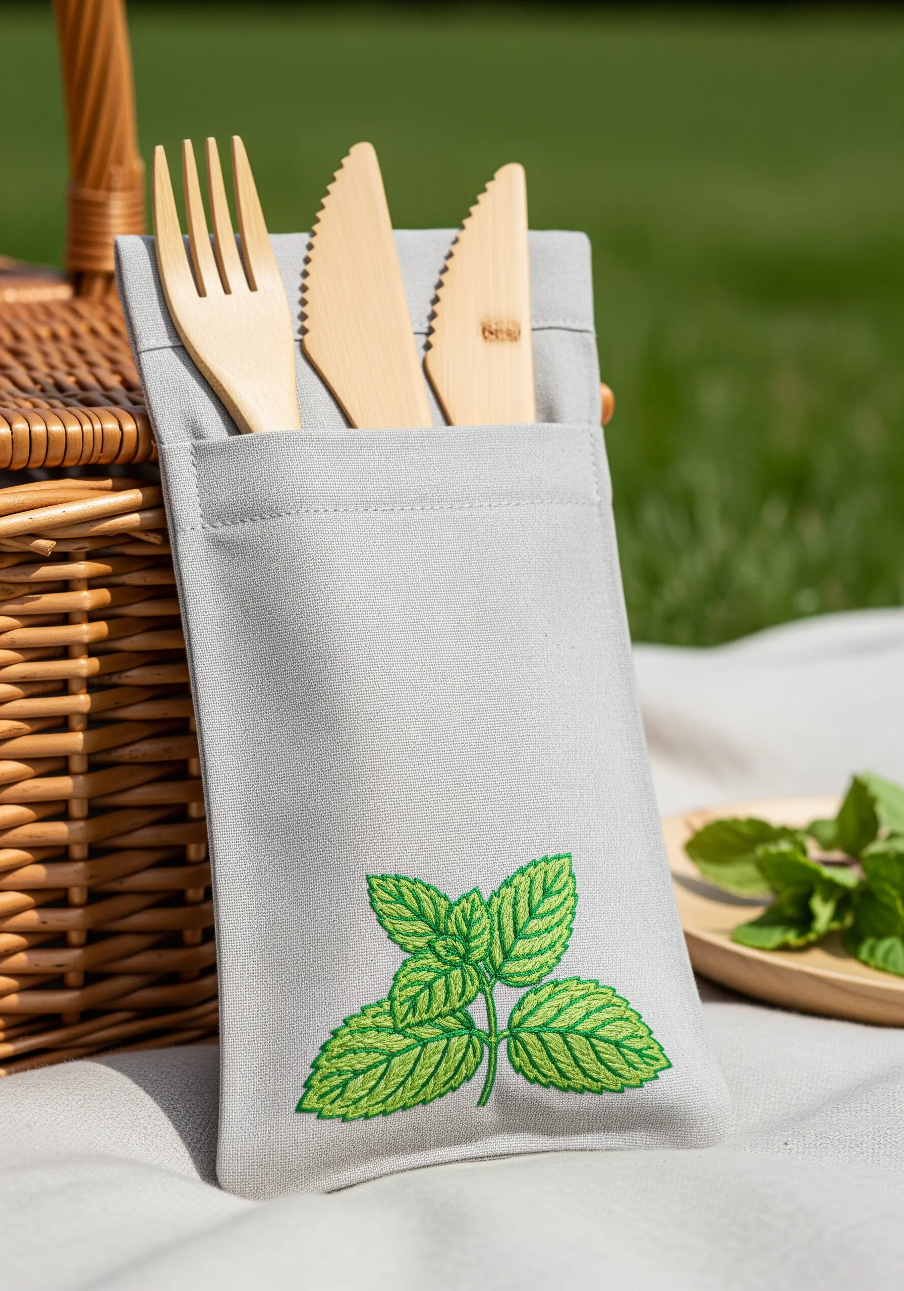 A realistic cluster of embroidered mint leaves with detailed veins on a gray pouch.
