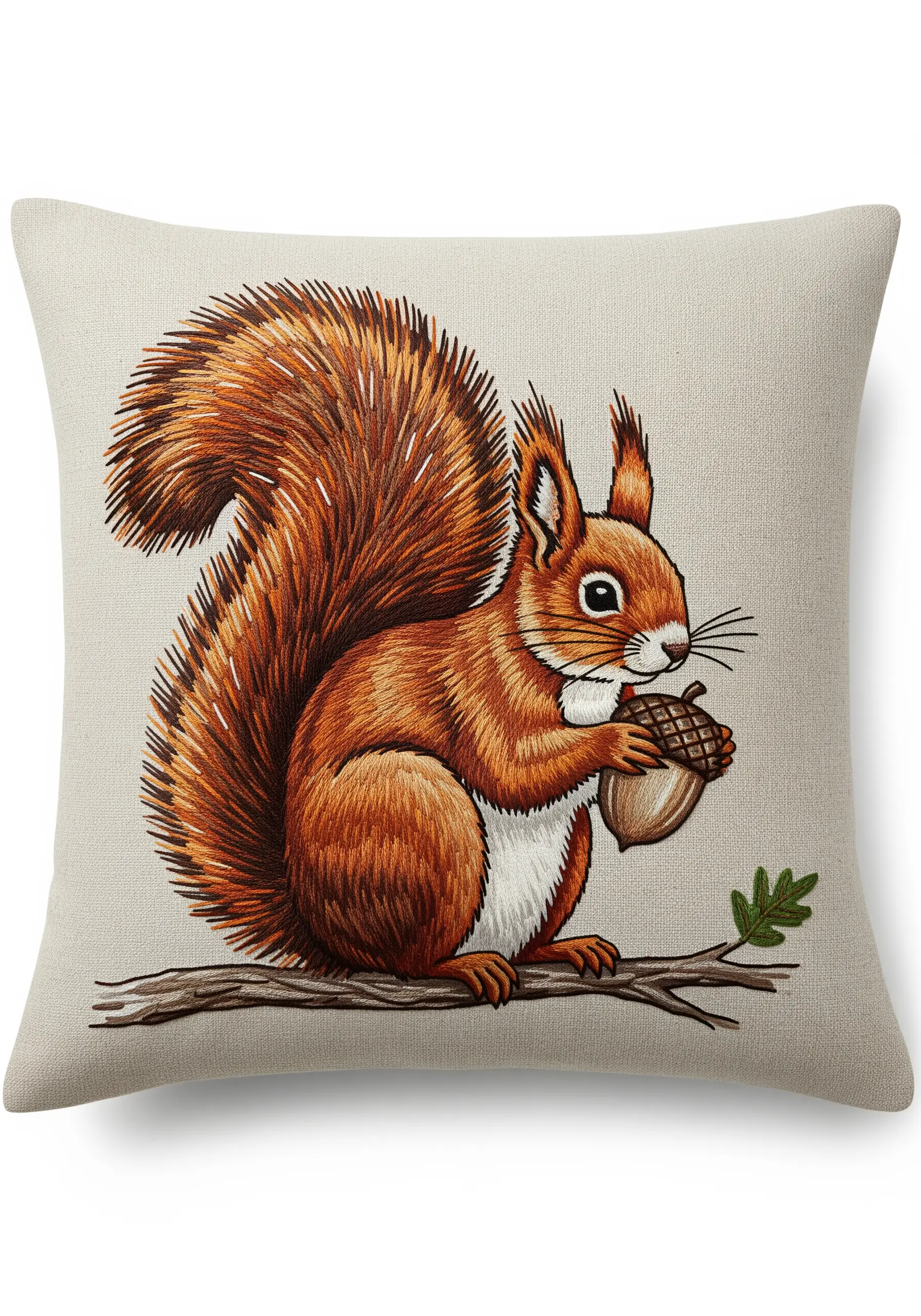 Realistic thread-painted squirrel with a bushy tail on a neutral linen pillow.