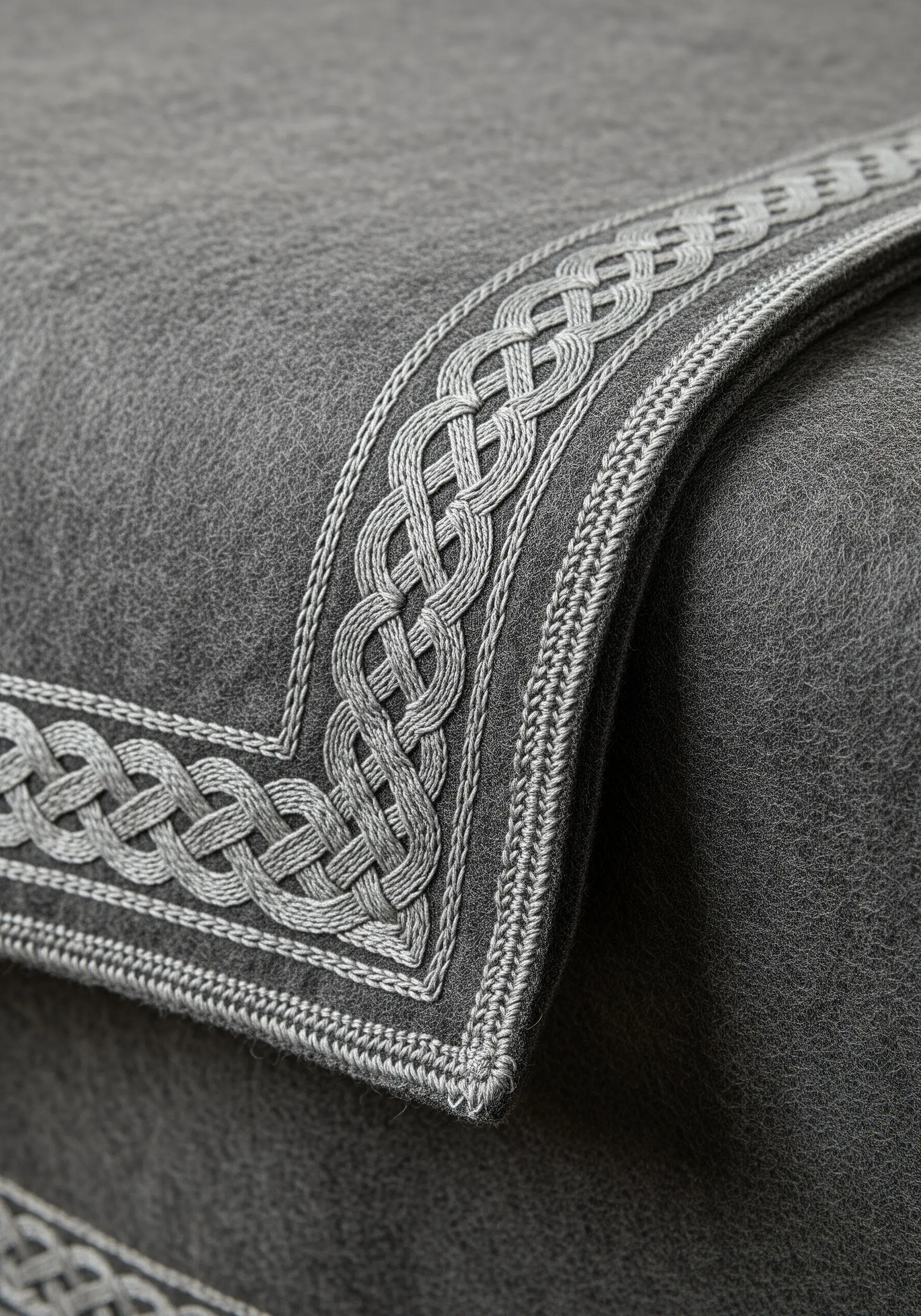 A close-up of an intricate, silver-grey woven Celtic knot border on a grey wool blanket.